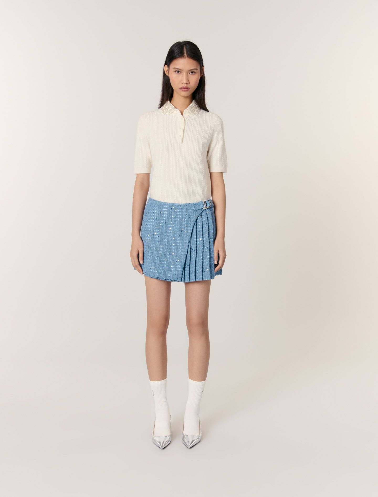 Maje - Quần short giả váy tweed xếp ly