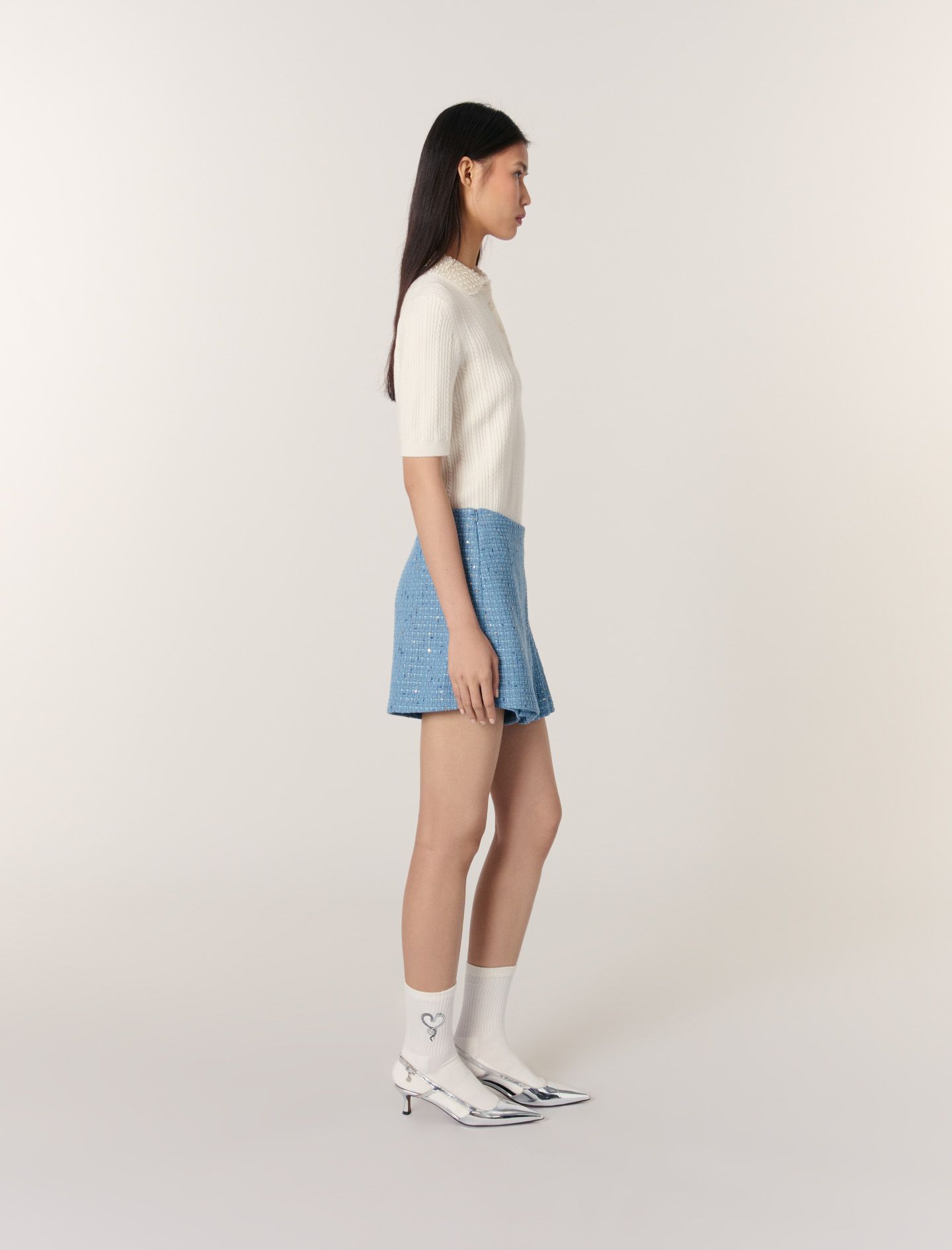 Maje - Quần short giả váy tweed xếp ly