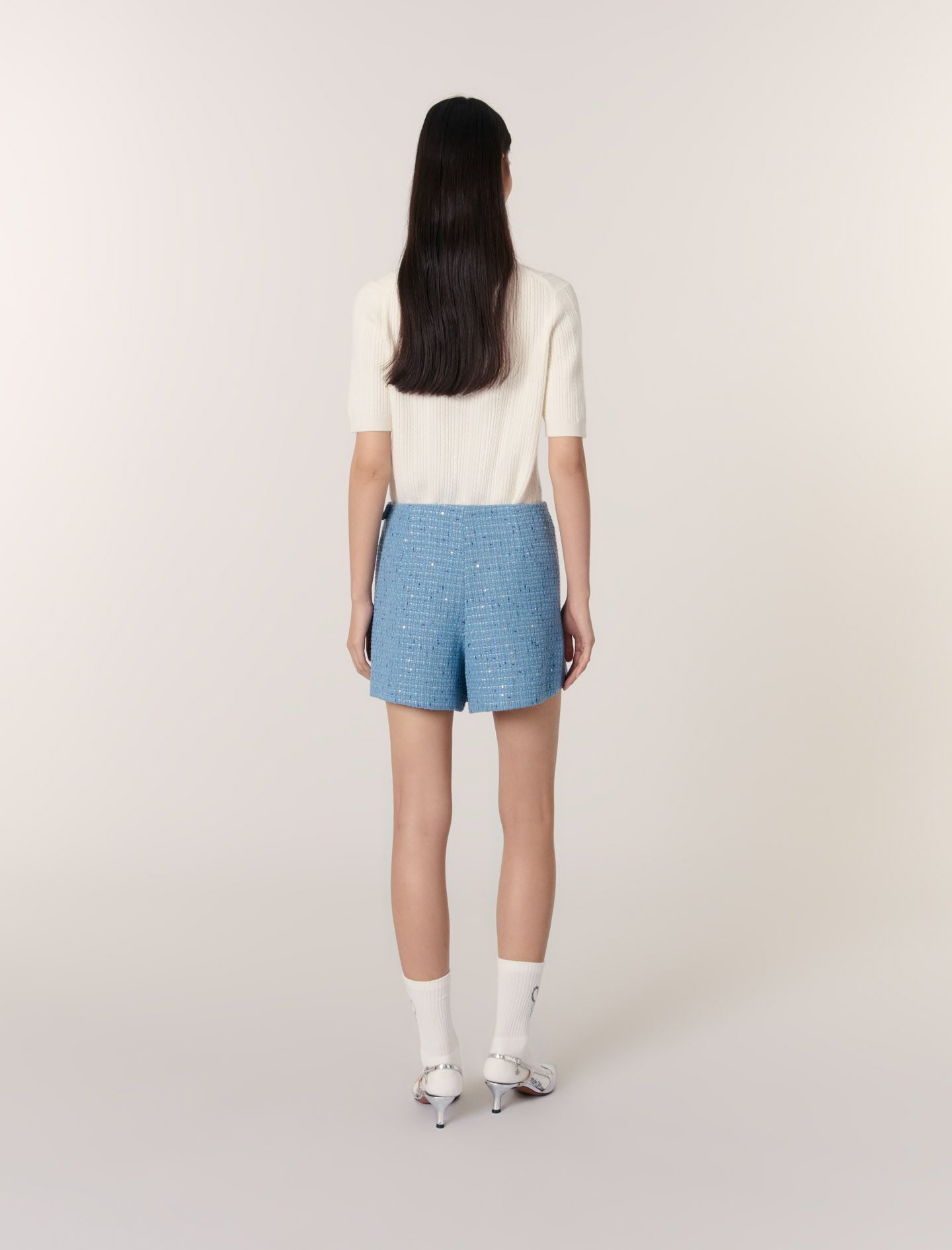 Maje - Quần short giả váy tweed xếp ly