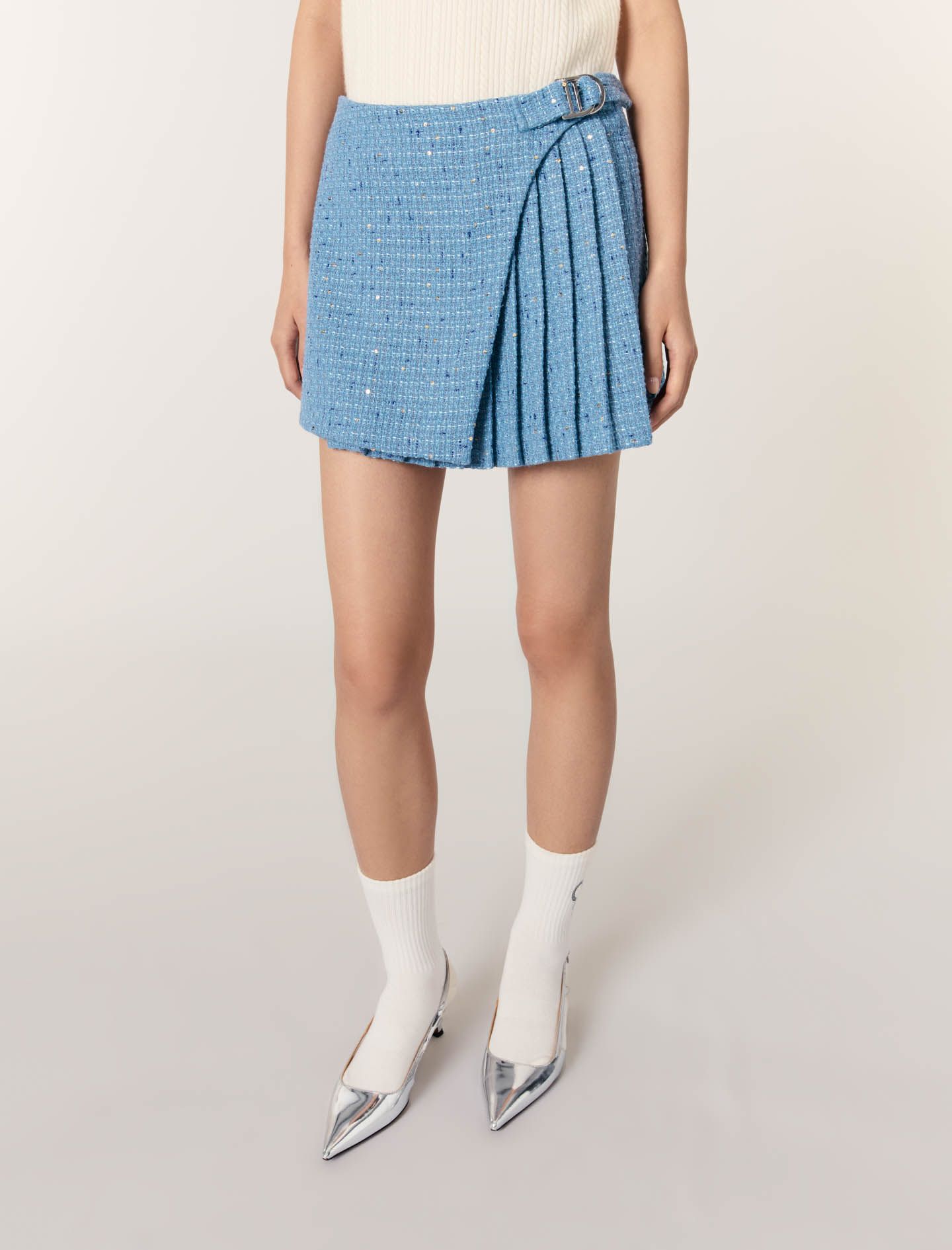Maje - Quần short giả váy tweed xếp ly