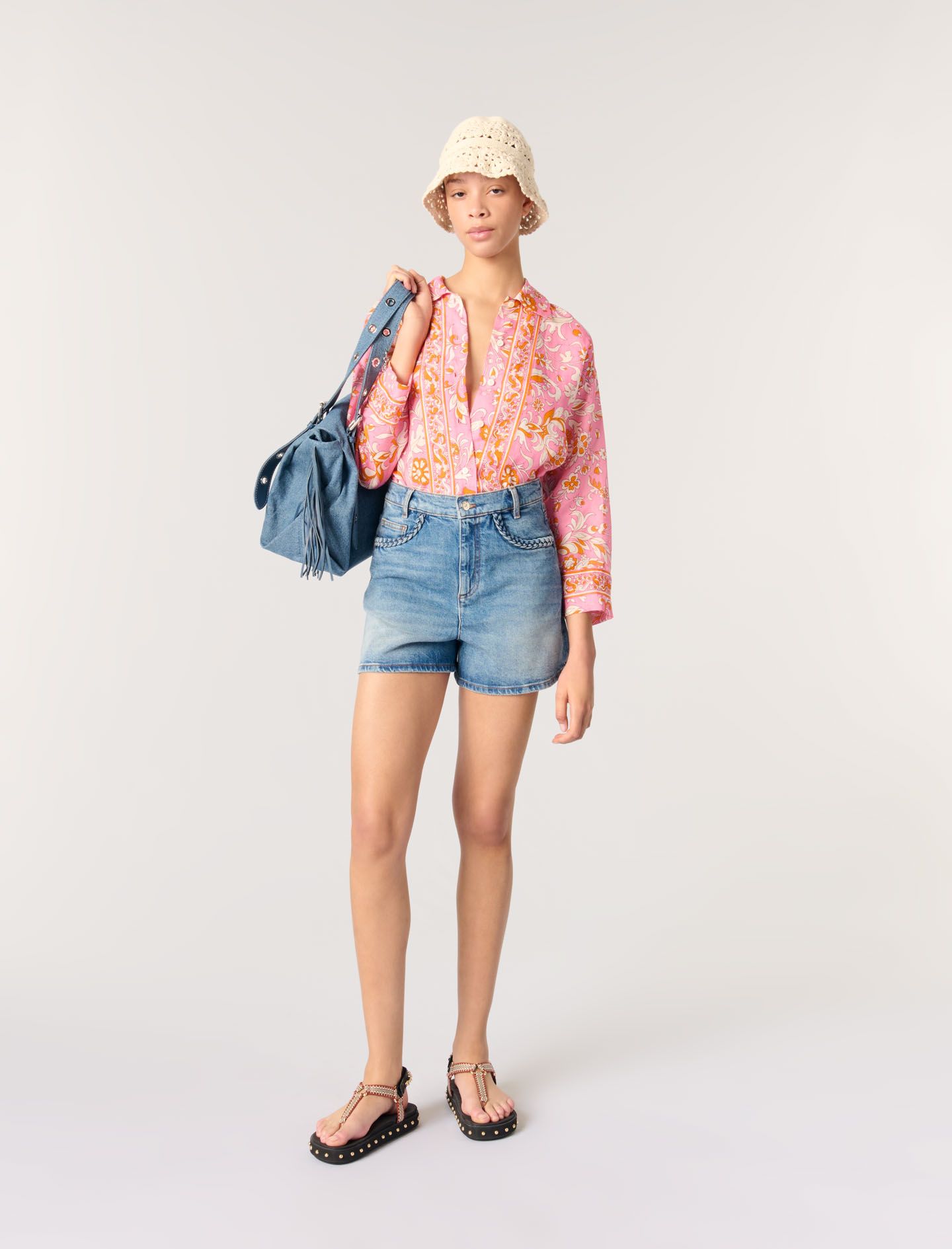 Maje - Quần short jeans viền bện