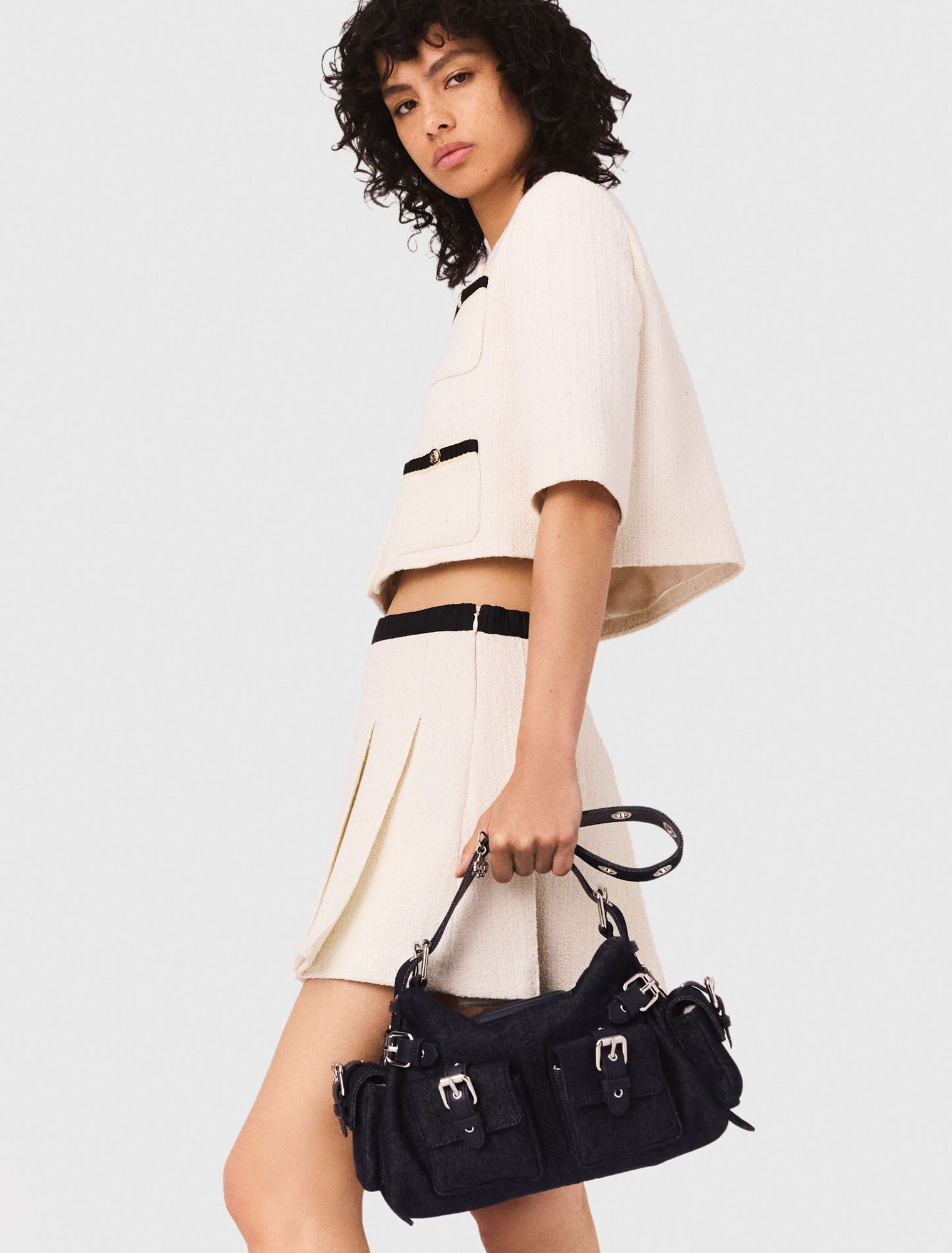 Maje - Chân váy tweed xòe xếp ly phối viền