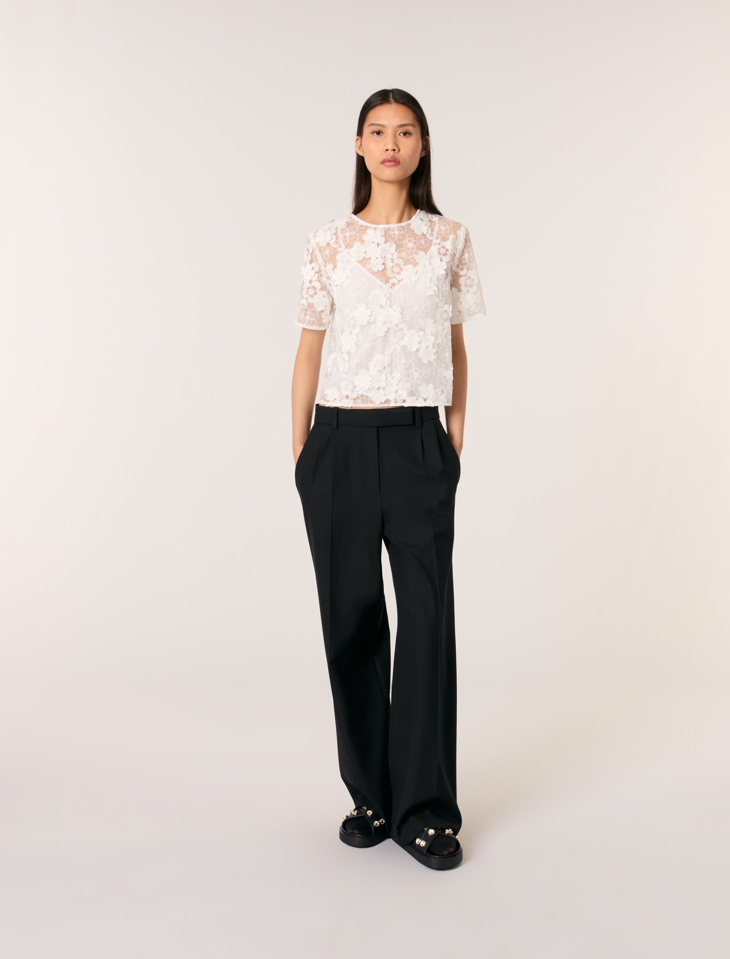 Maje - Set áo voan lưới tulle thêu hoa dáng ngắn