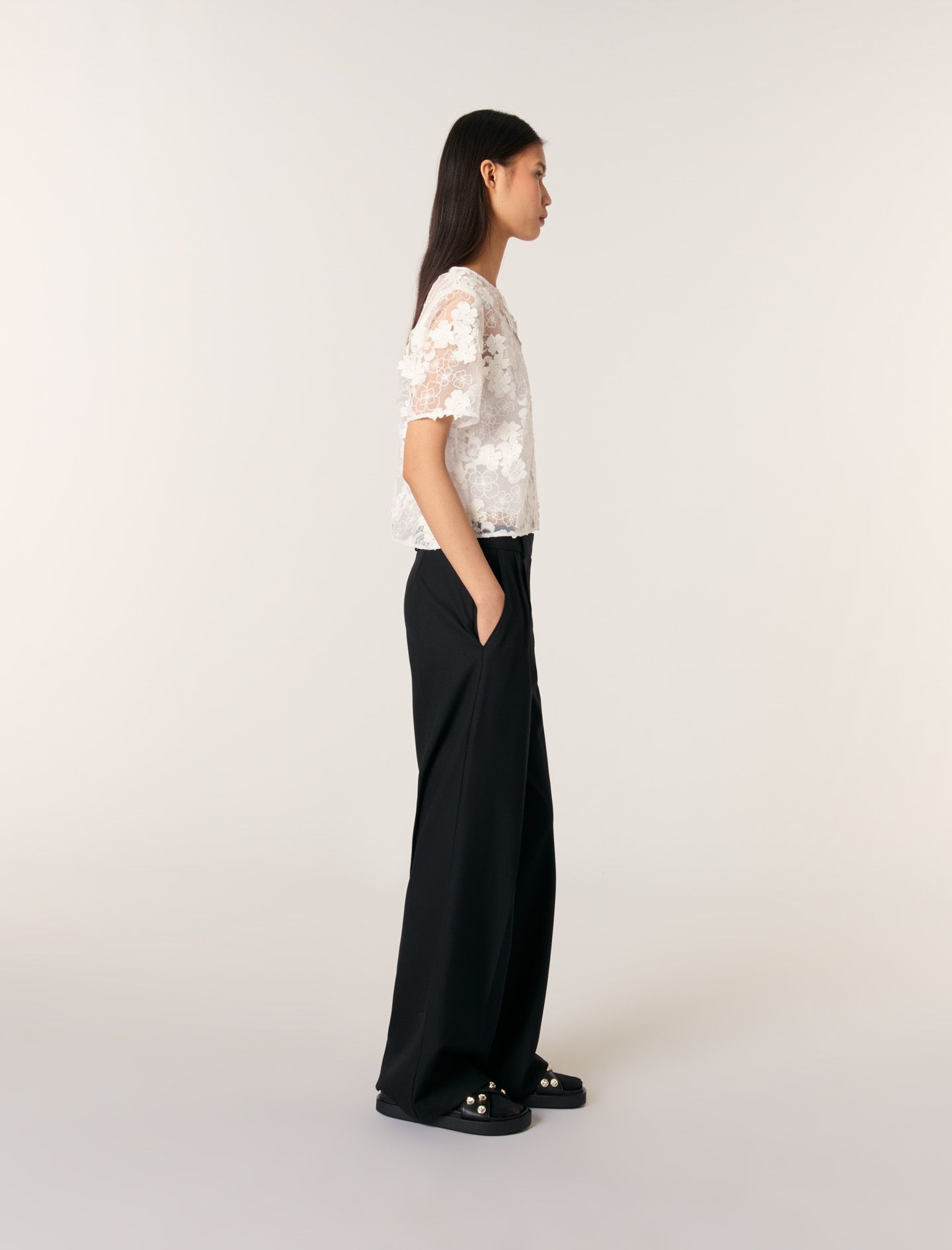 Maje - Set áo voan lưới tulle thêu hoa dáng ngắn