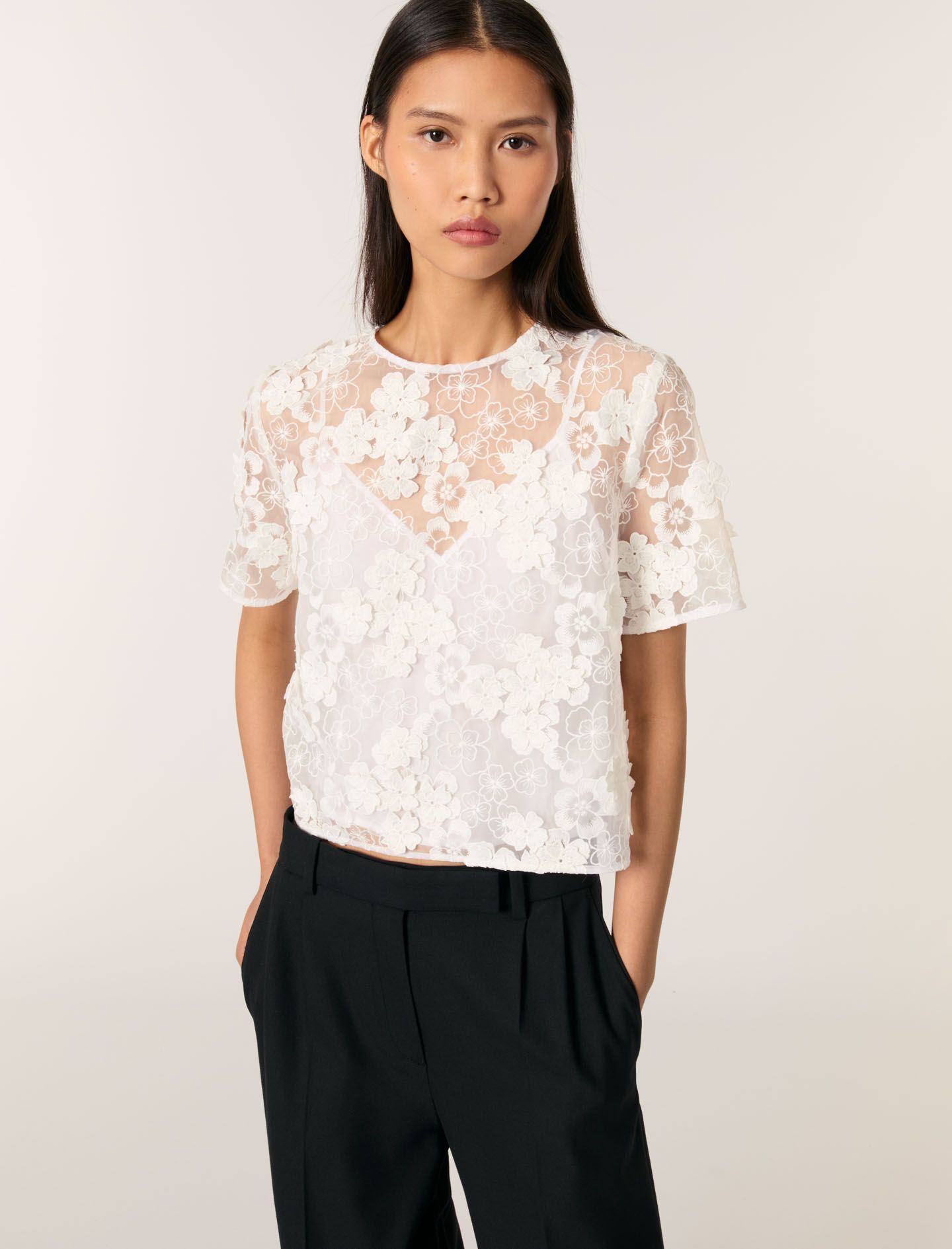 Maje - Set áo voan lưới tulle thêu hoa dáng ngắn