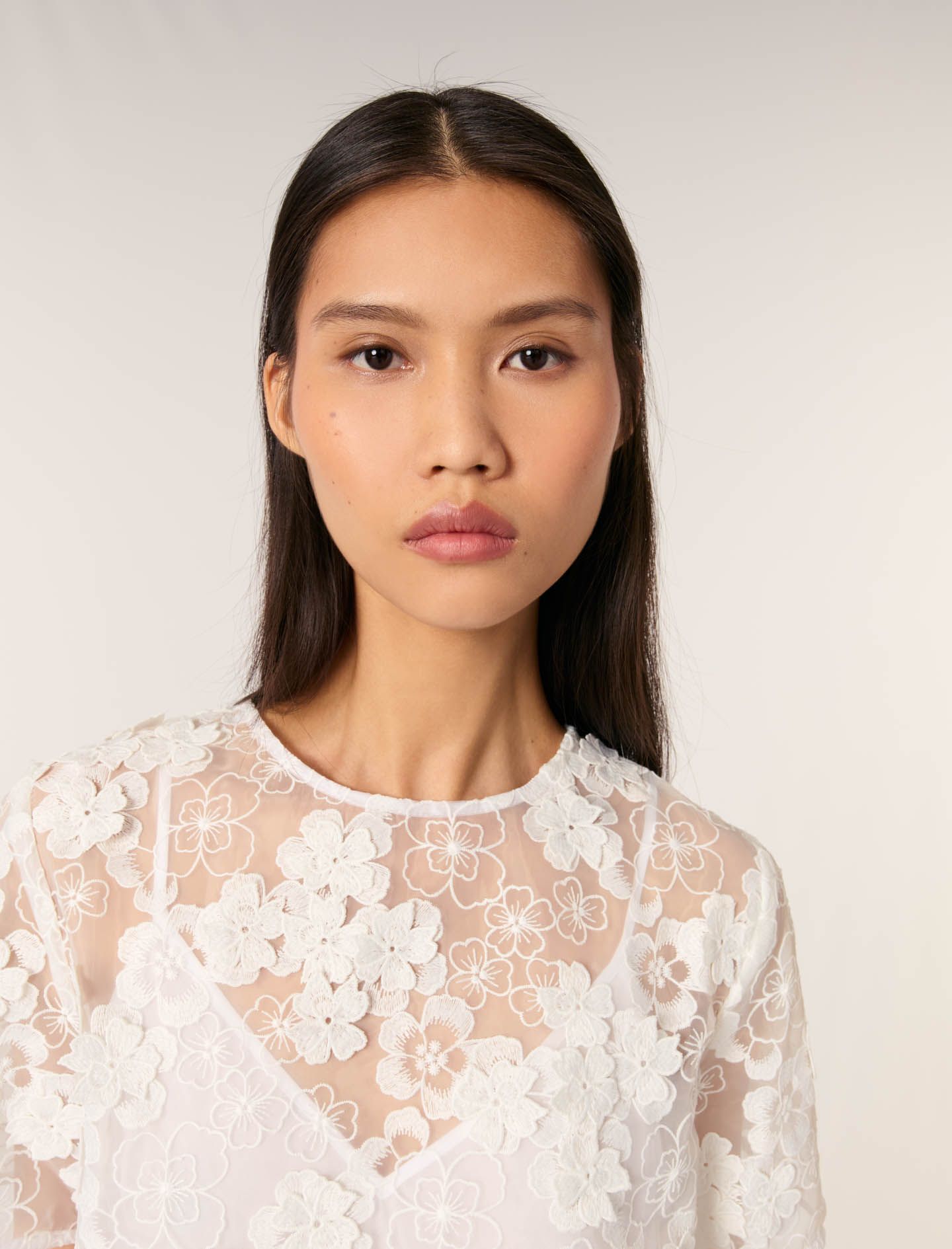 Maje - Set áo voan lưới tulle thêu hoa dáng ngắn