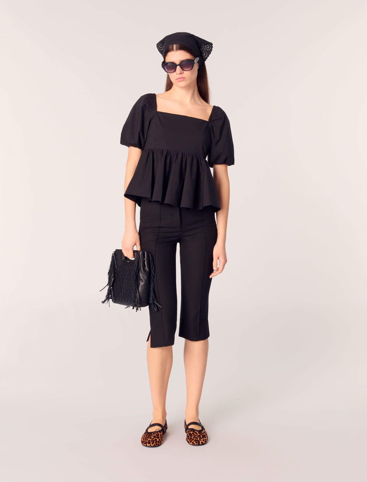 Maje - Áo kiểu poplin cổ vuông tay phồng