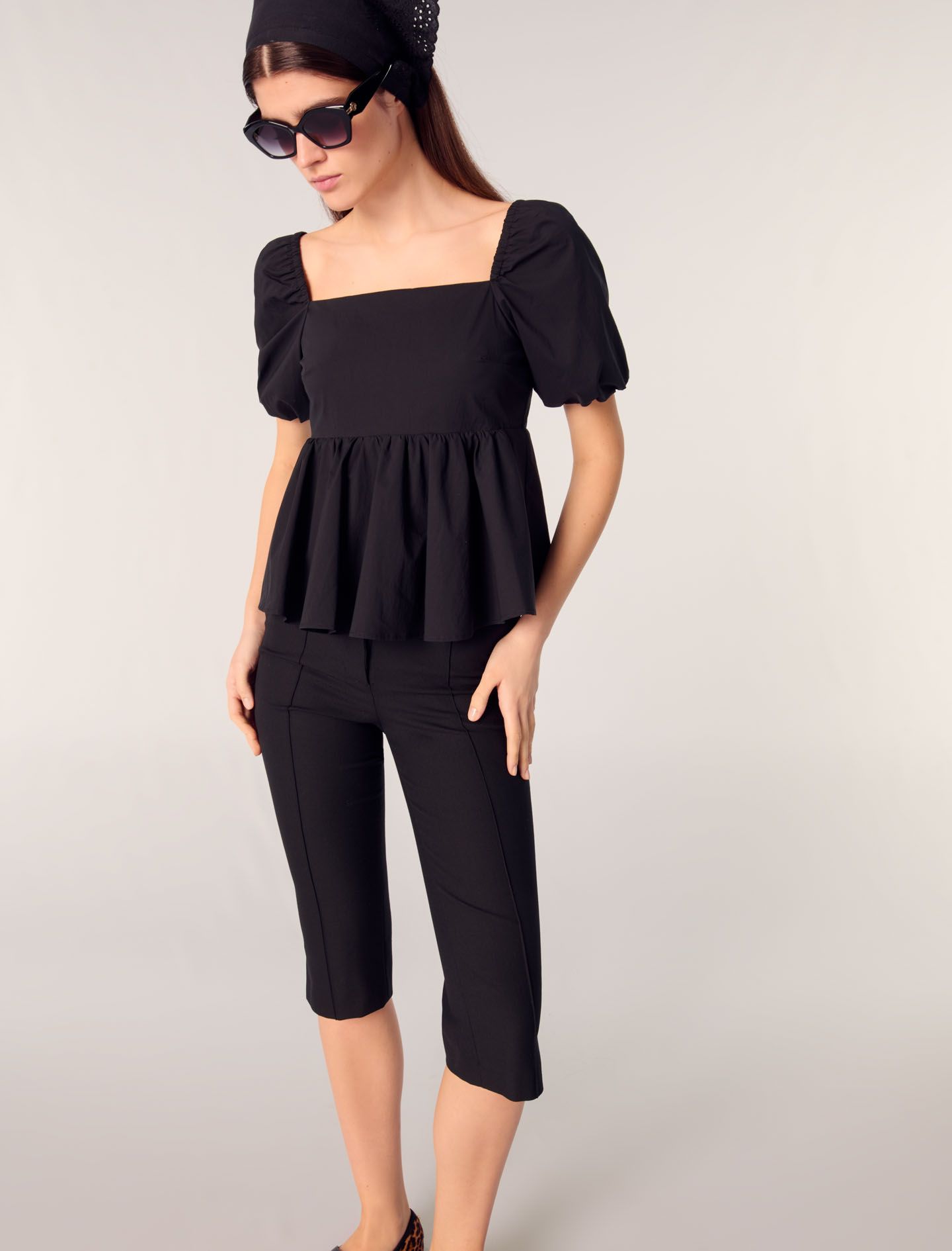 Maje - Áo kiểu poplin cổ vuông tay phồng