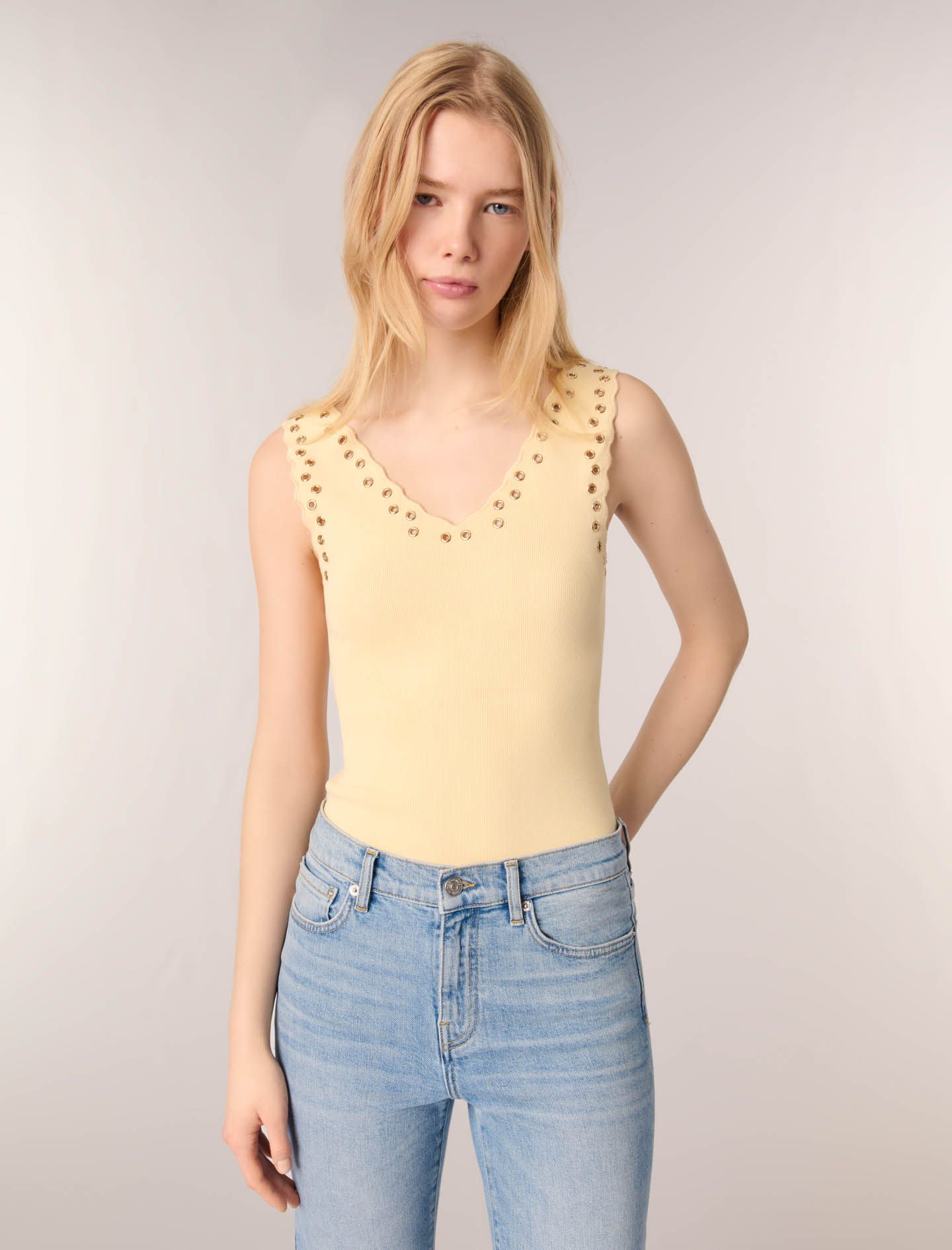 Maje - Áo Tank Top Dệt Kim Khoen Bạc