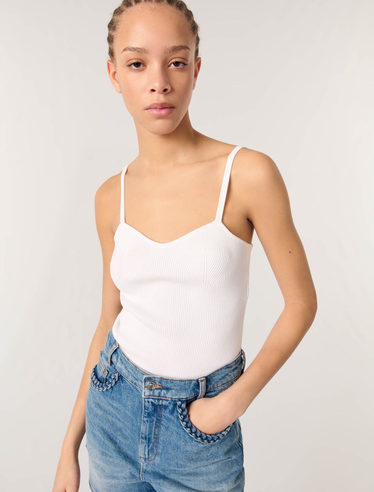 Maje - Áo crop top dệt kim gân
