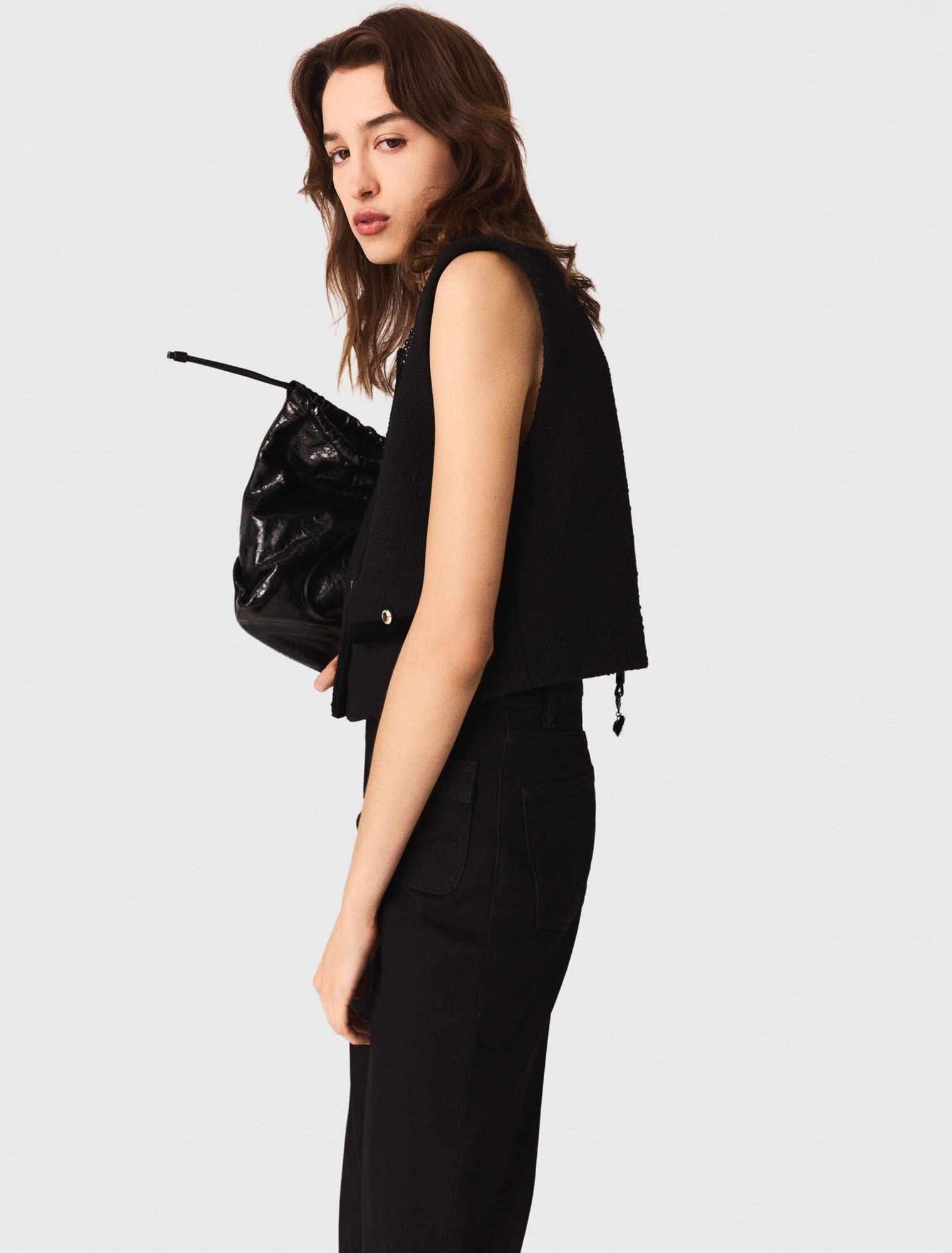 Maje - Áo tweed nhung croptop