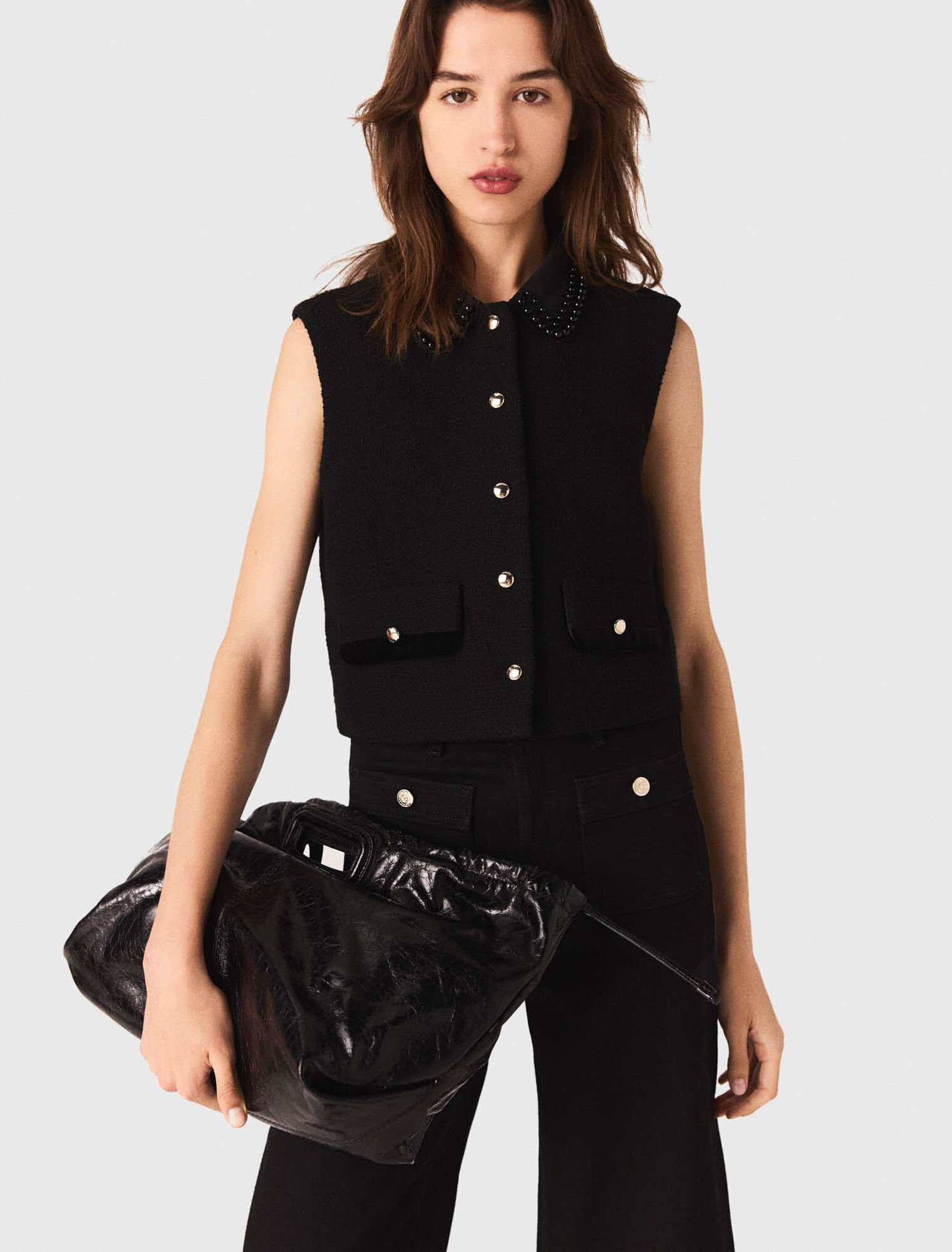 Maje - Áo tweed nhung croptop