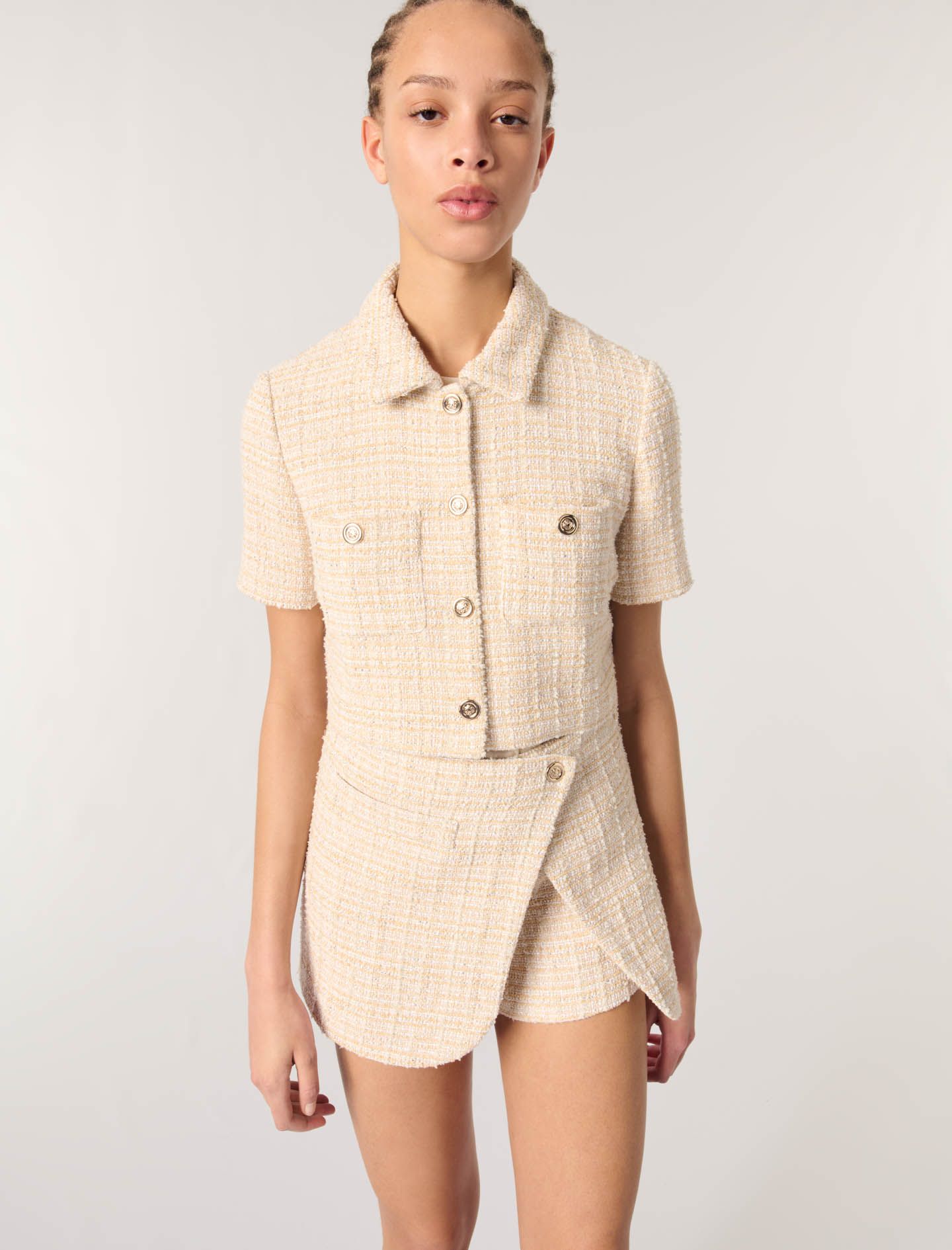 Maje - Áo khoác tweed croptop ngắn tay