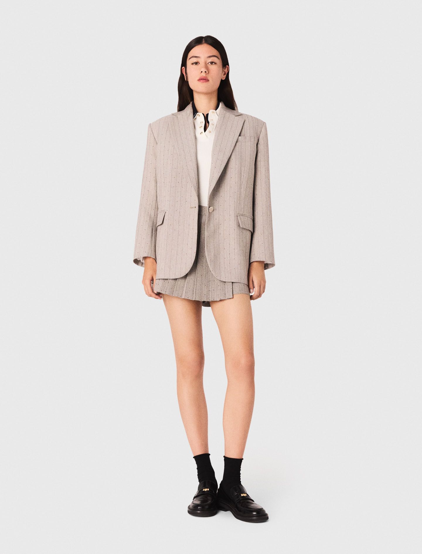 Maje - Áo blazer kẻ suông đính đá
