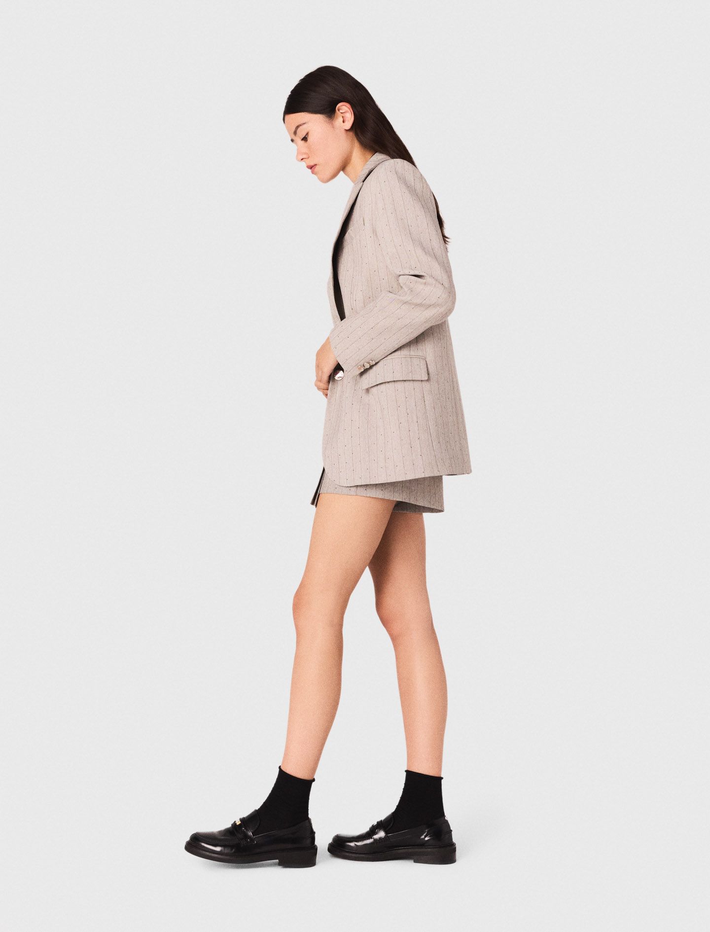 Maje - Áo blazer kẻ suông đính đá