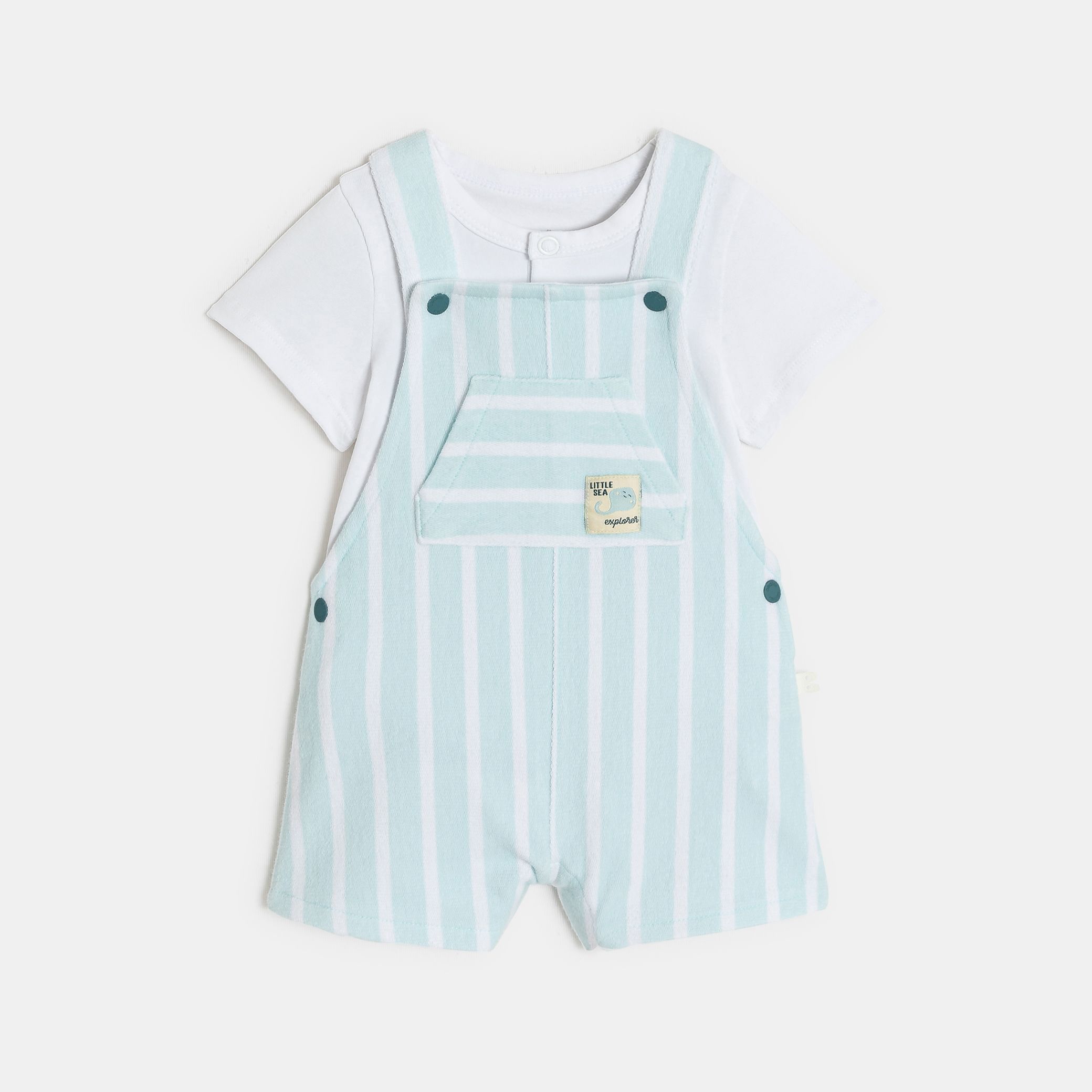 Bộ quần yếm bouclé và bodysuit màu xanh nhạt dành cho bé trai