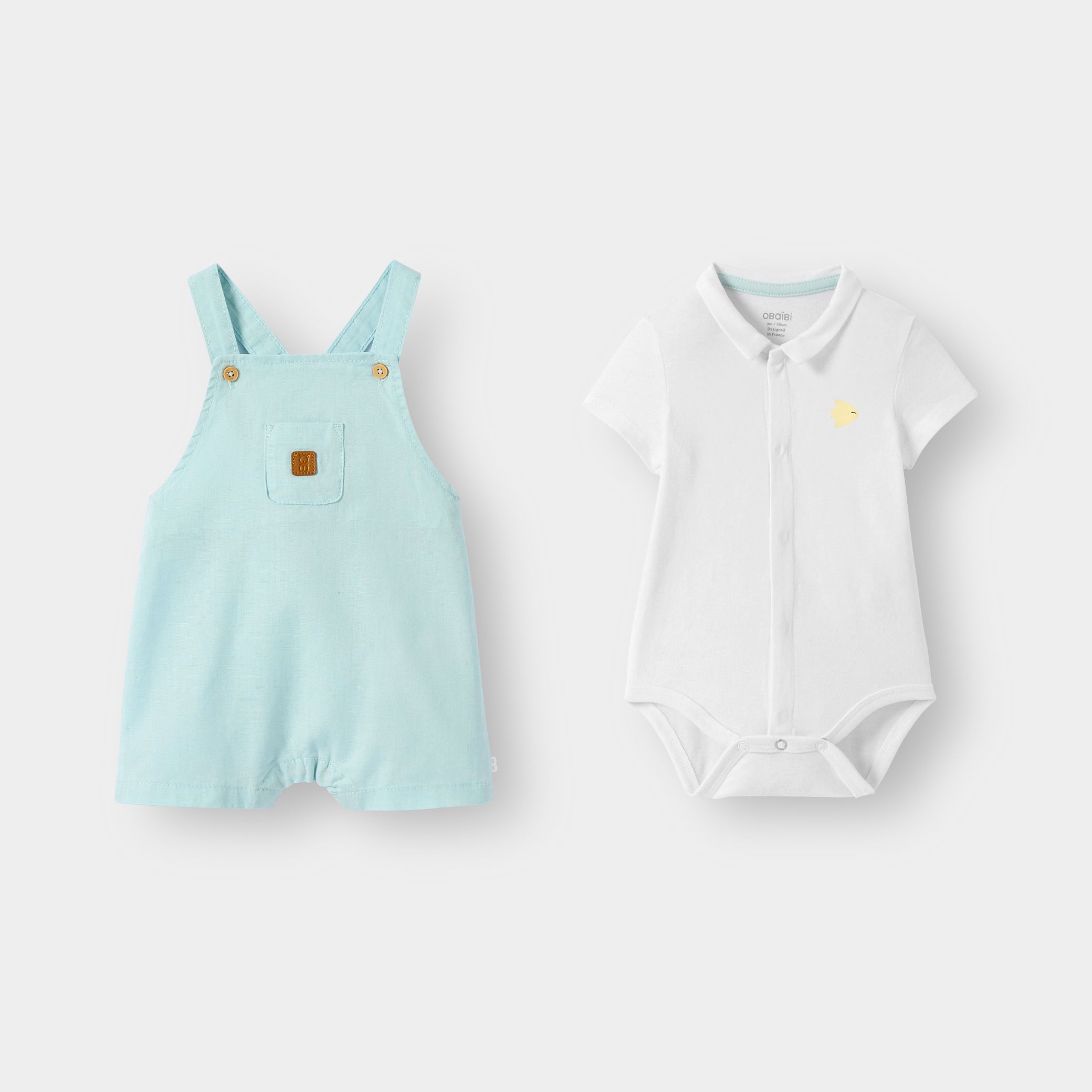 Bộ quần yếm ngắn màu xanh và bodysuit cho bé