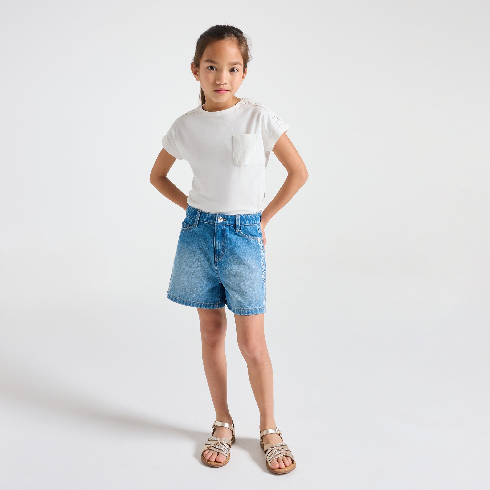 Quần short denim thêu cho bé gái