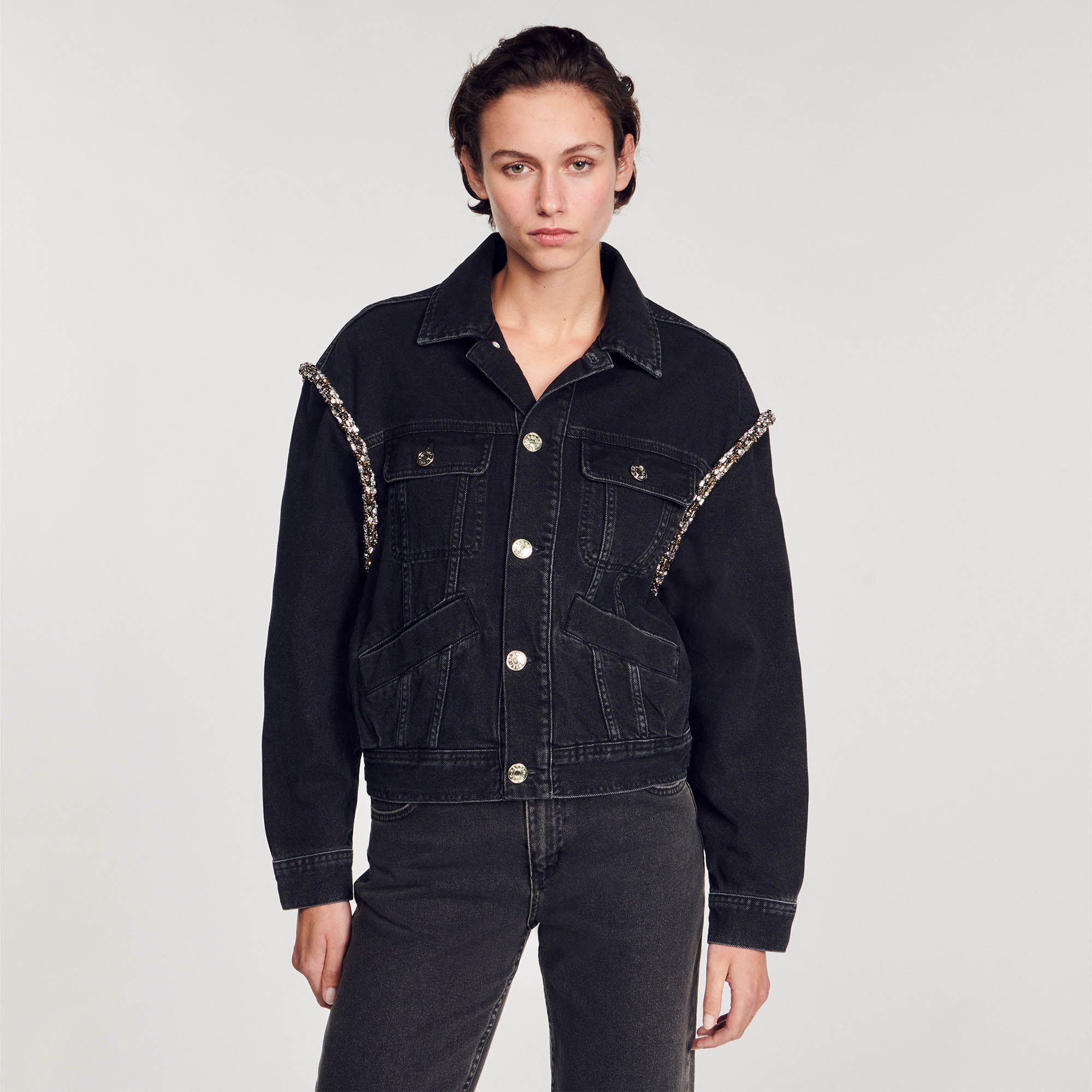 Sandro - Áo khoác denim oversize rhinestones