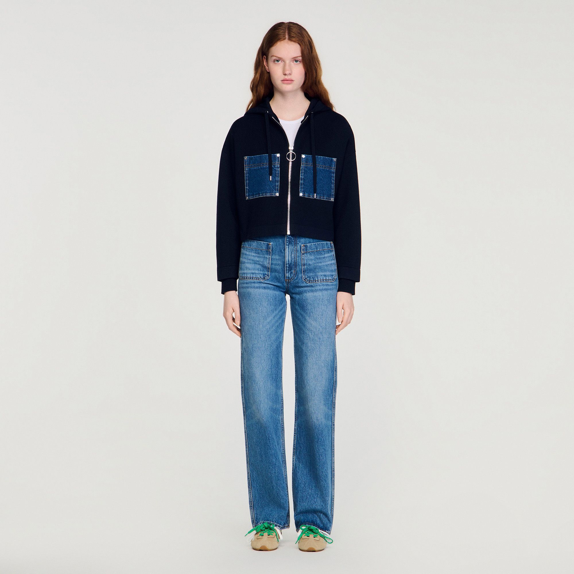Sandro - Áo hoodie len phối denim