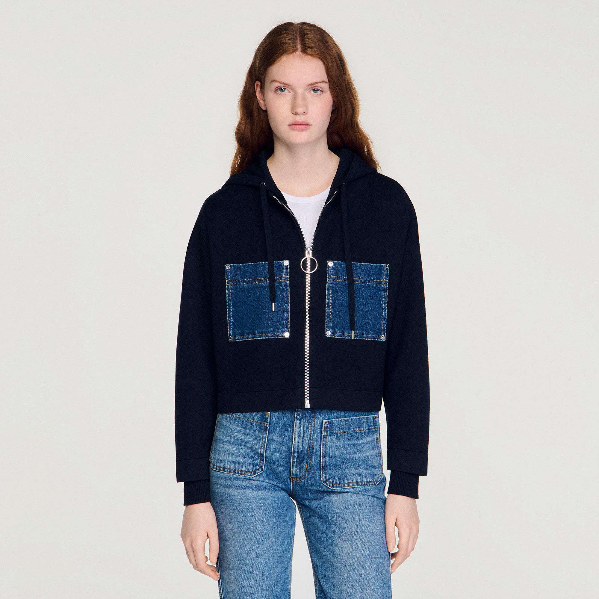 Sandro - Áo hoodie len phối denim