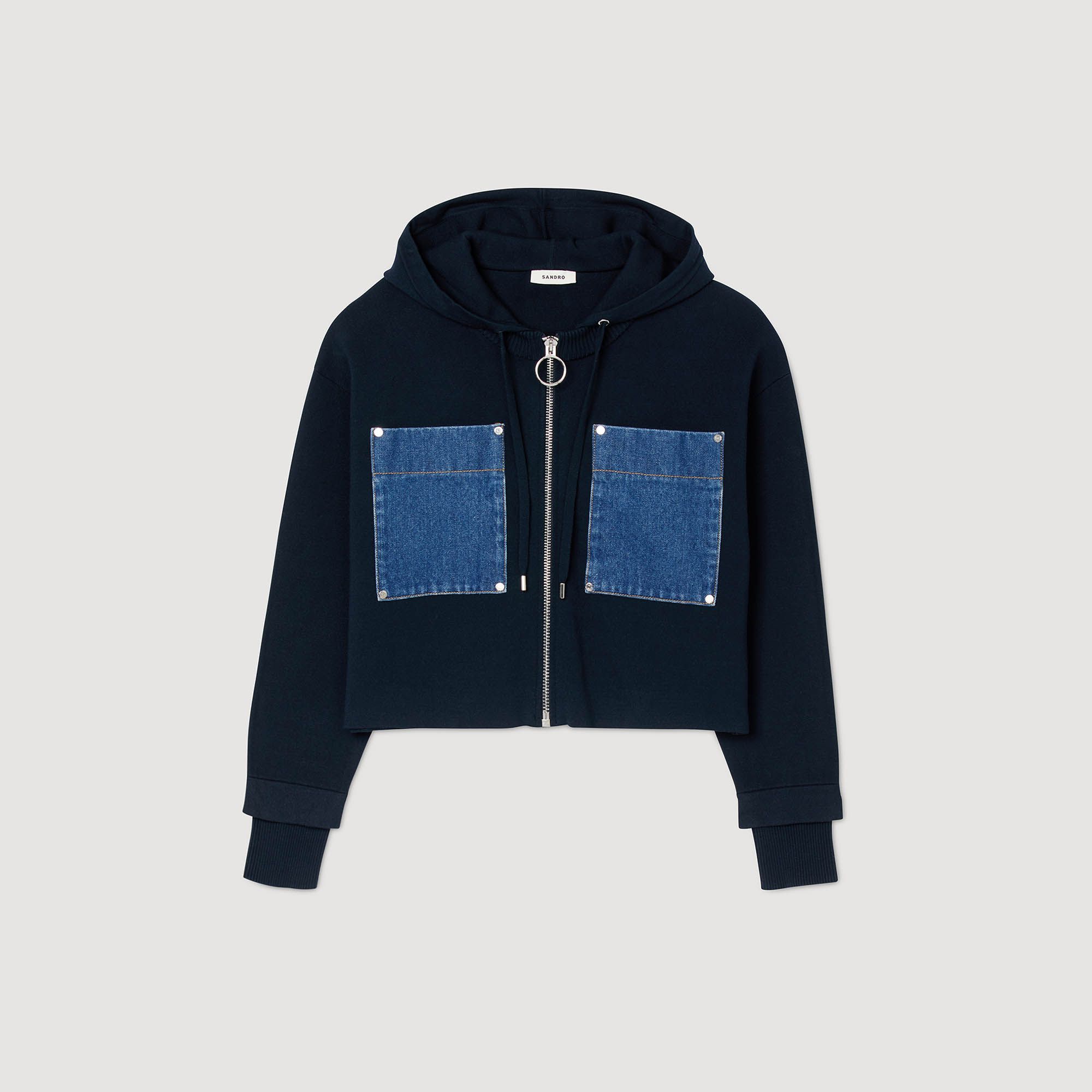 Sandro - Áo hoodie len phối denim