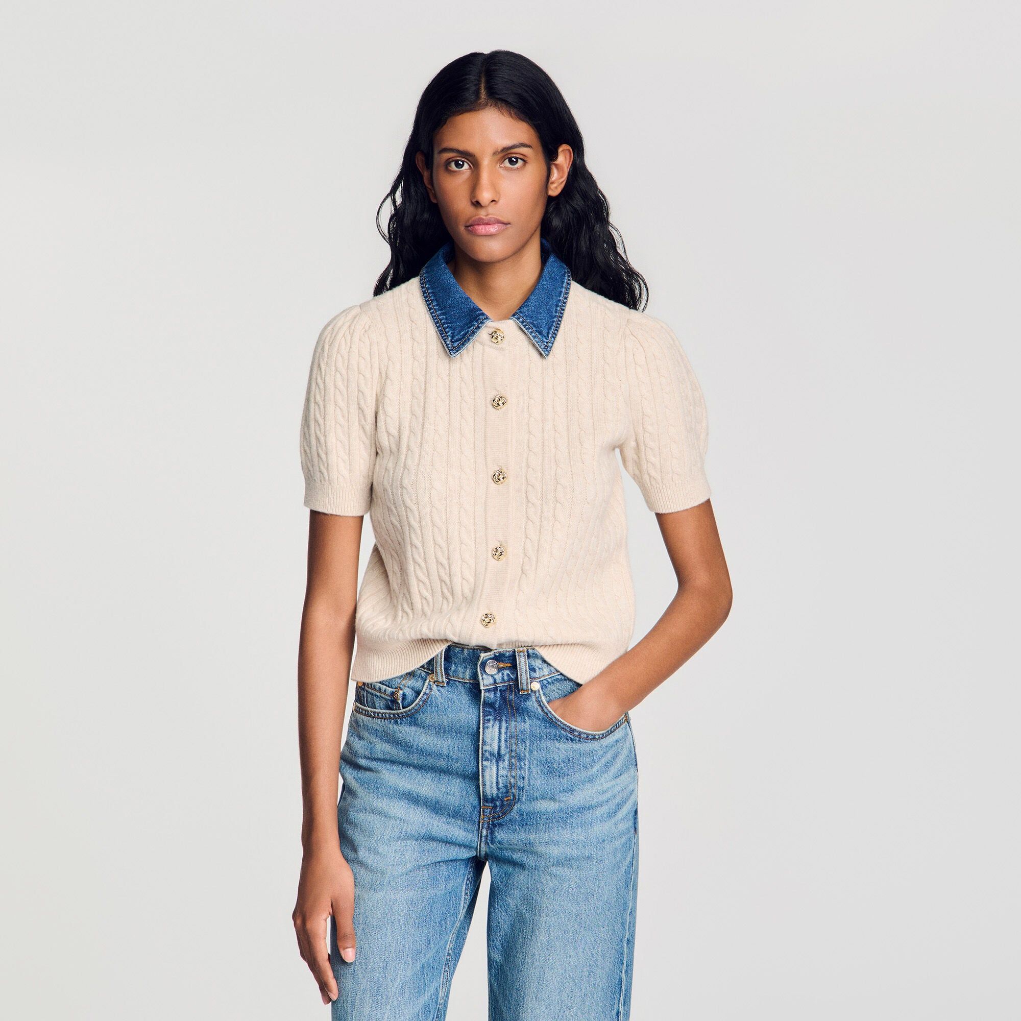 Sandro - Áo khoác cardigan cổ denim