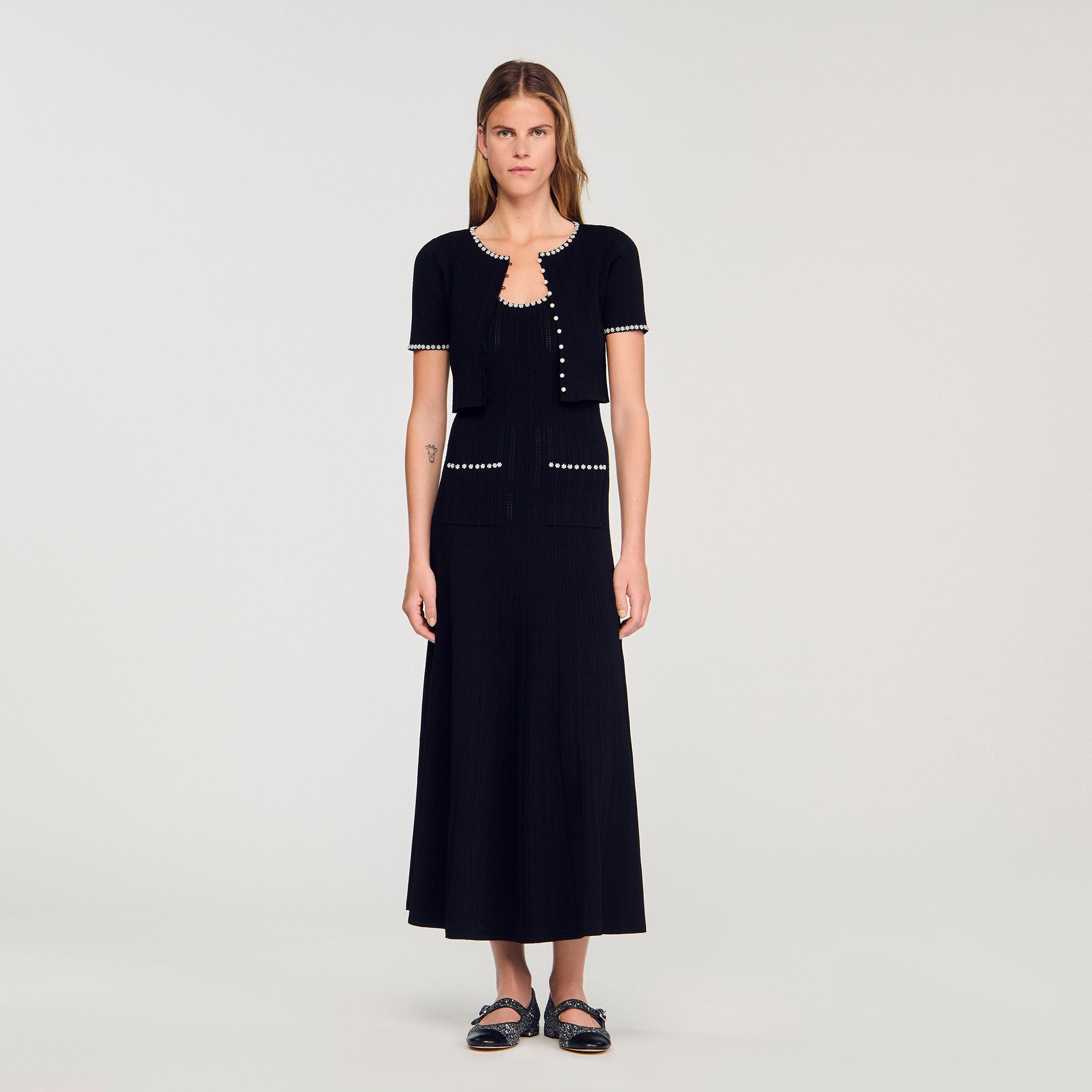 Sandro - Áo cardigan đính đá dáng crop