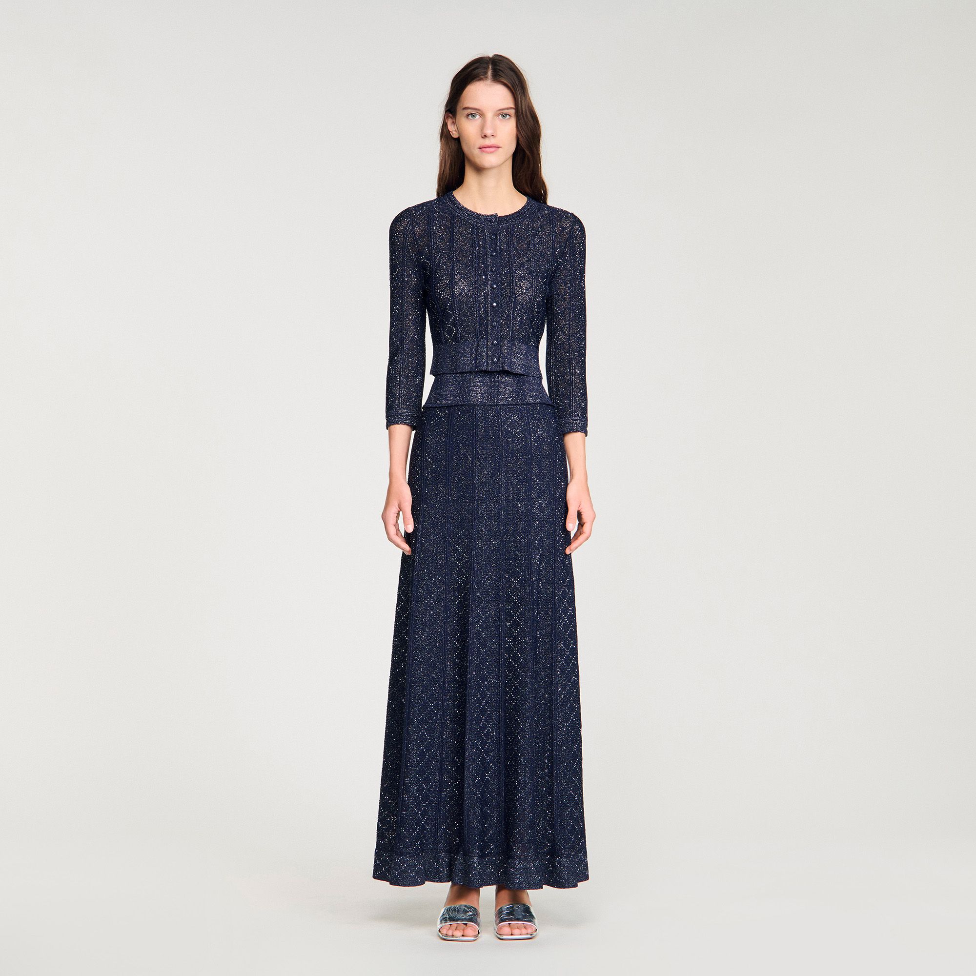 Sandro - Áo len cardigan dáng ngắn đan họa tiết Strass