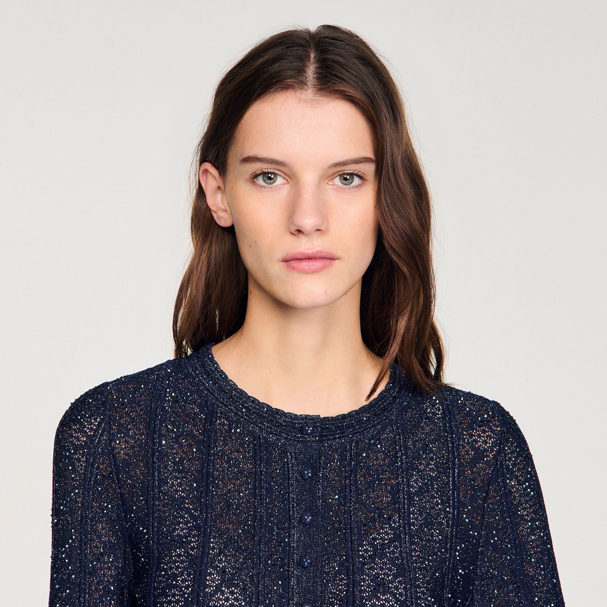 Sandro - Áo len cardigan dáng ngắn đan họa tiết Strass