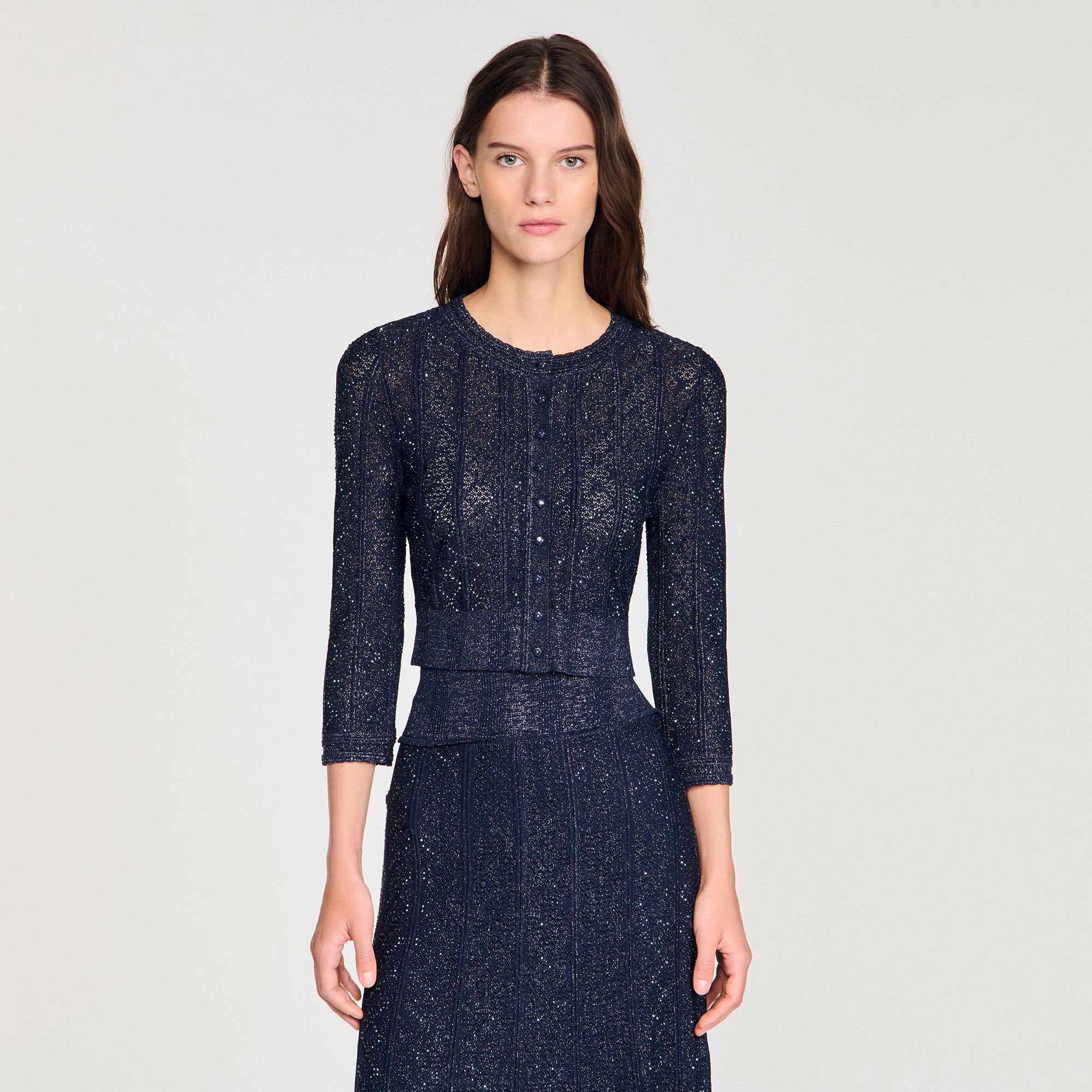 Sandro - Áo len cardigan dáng ngắn đan họa tiết Strass