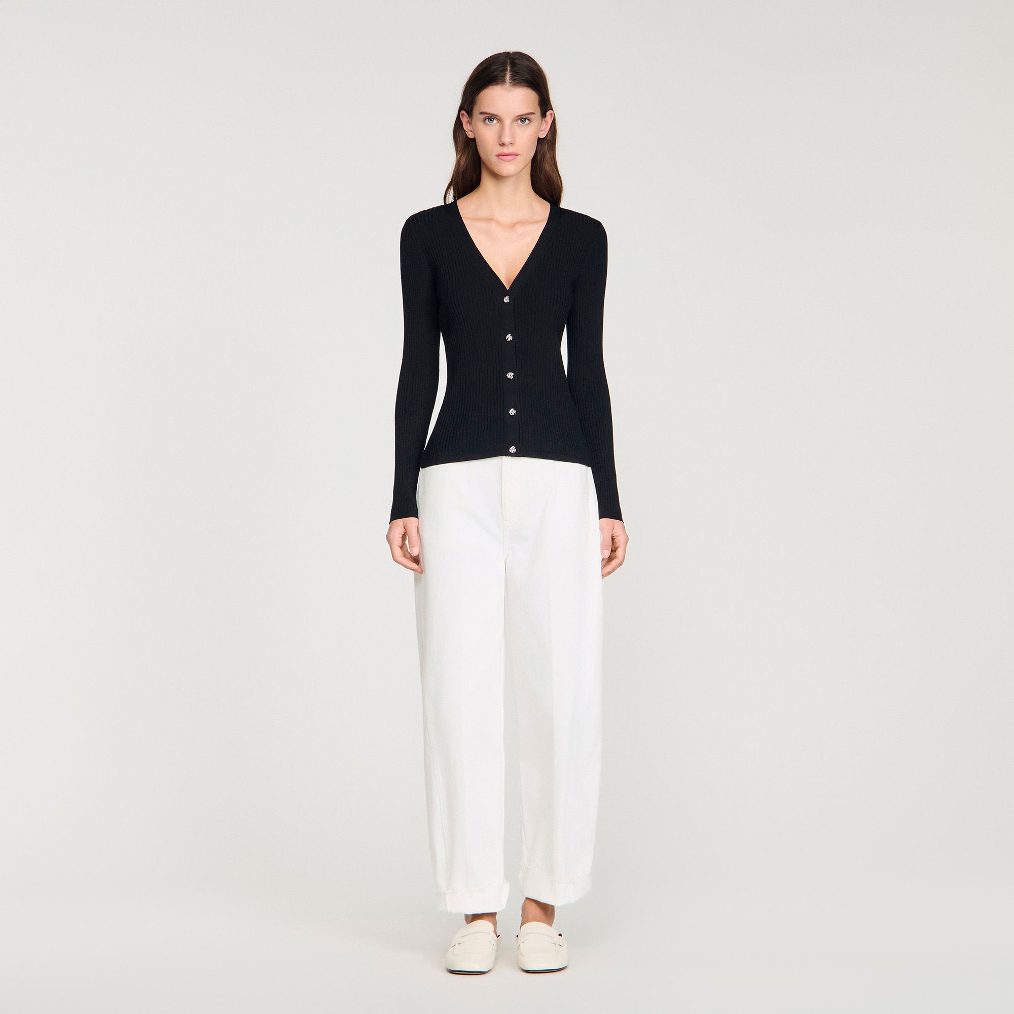Sandro - Áo khoác cardigan có gân với khuy trang trí