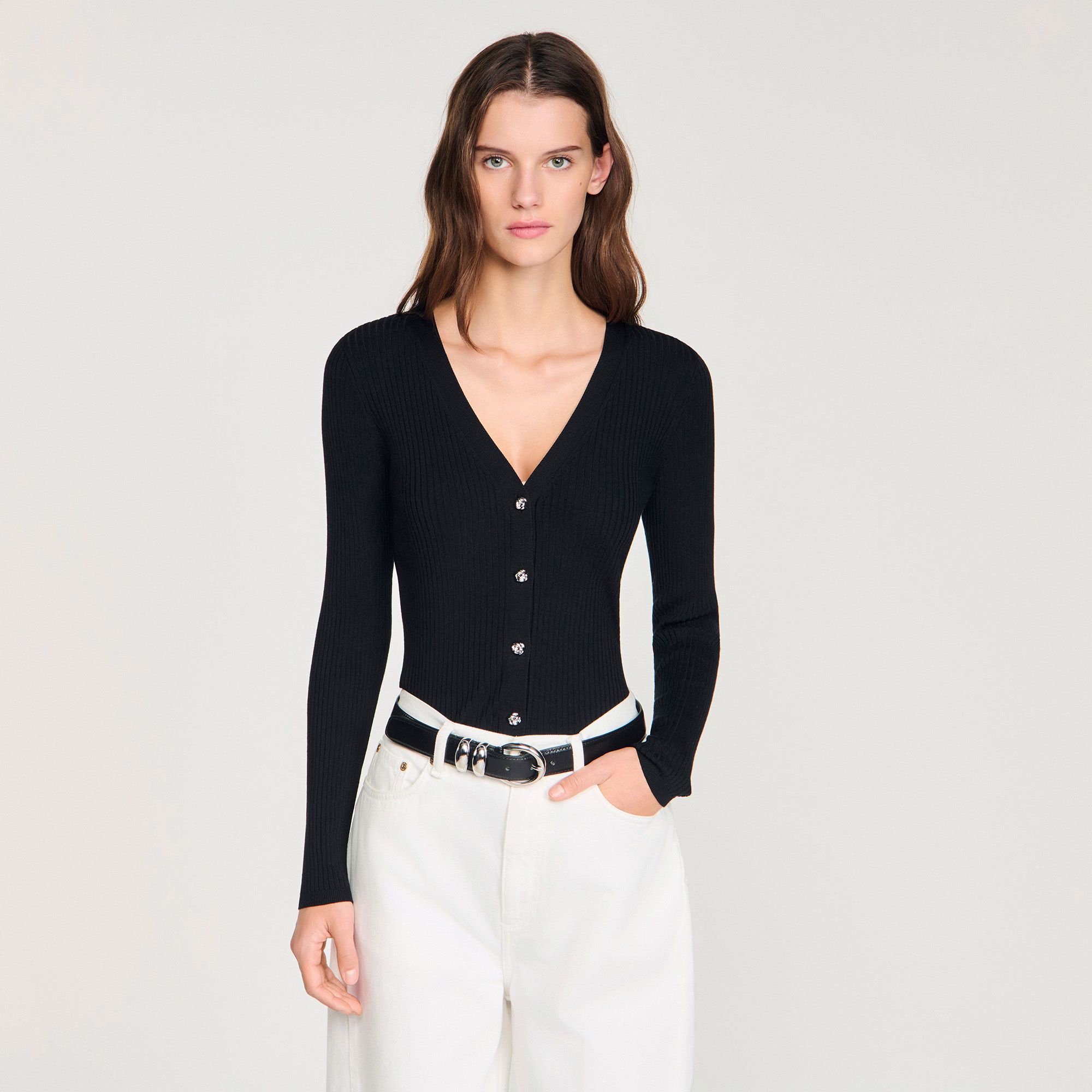 Sandro - Áo khoác cardigan có gân với khuy trang trí