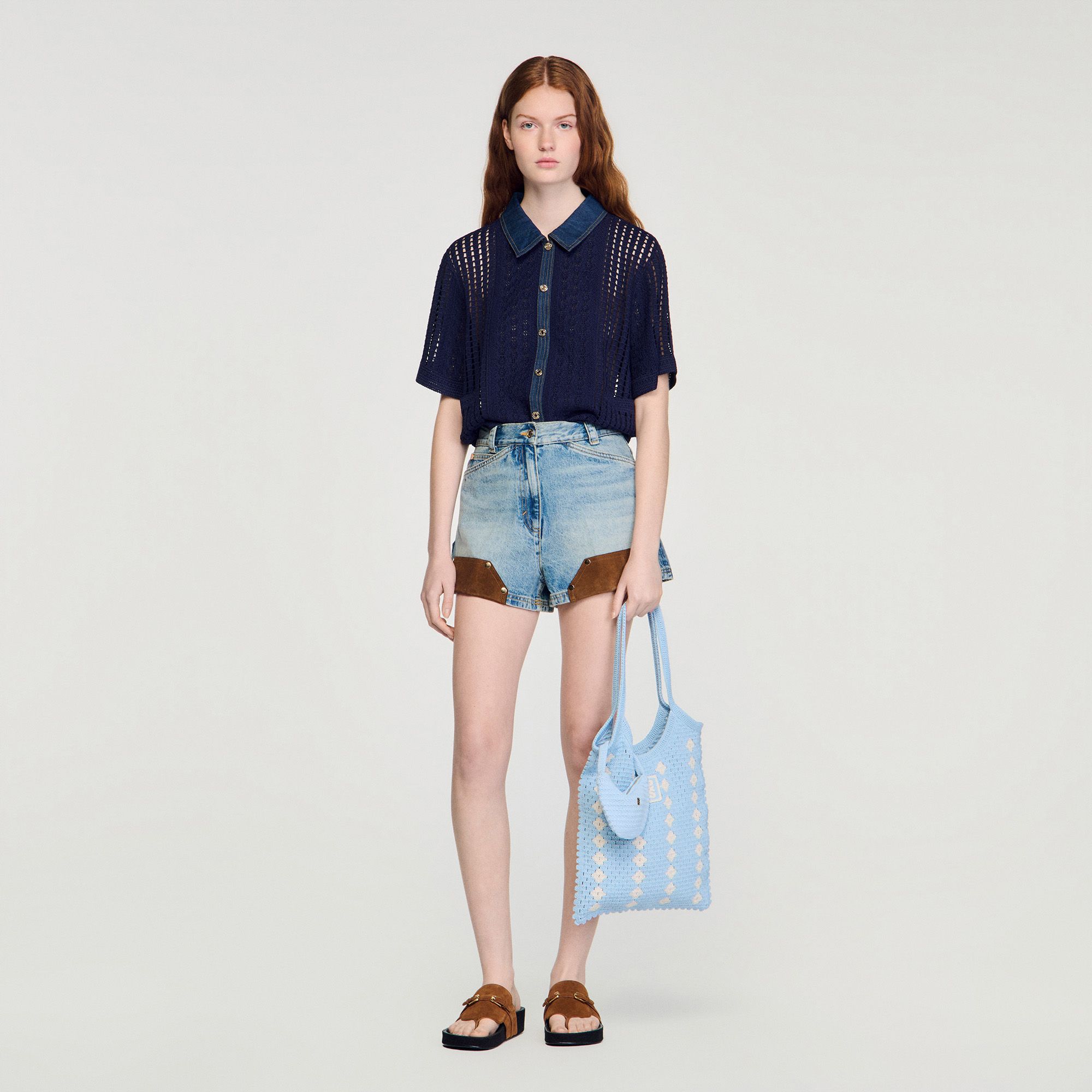 Sandro - Áo khoác cardigan crochet phối denim