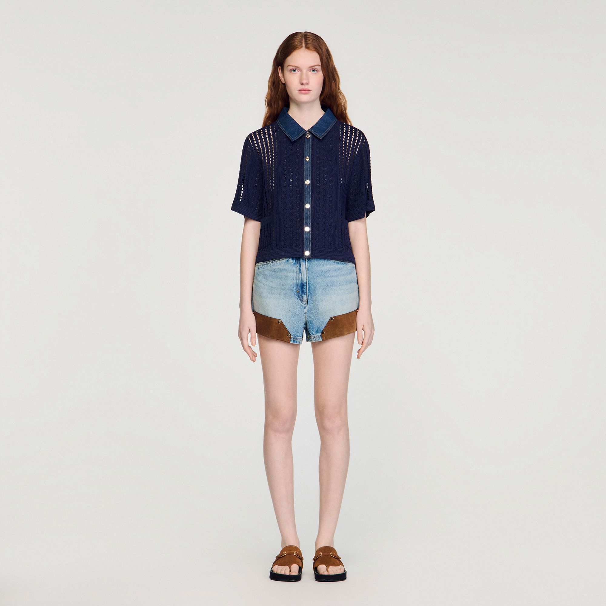 Sandro - Áo khoác cardigan crochet phối denim