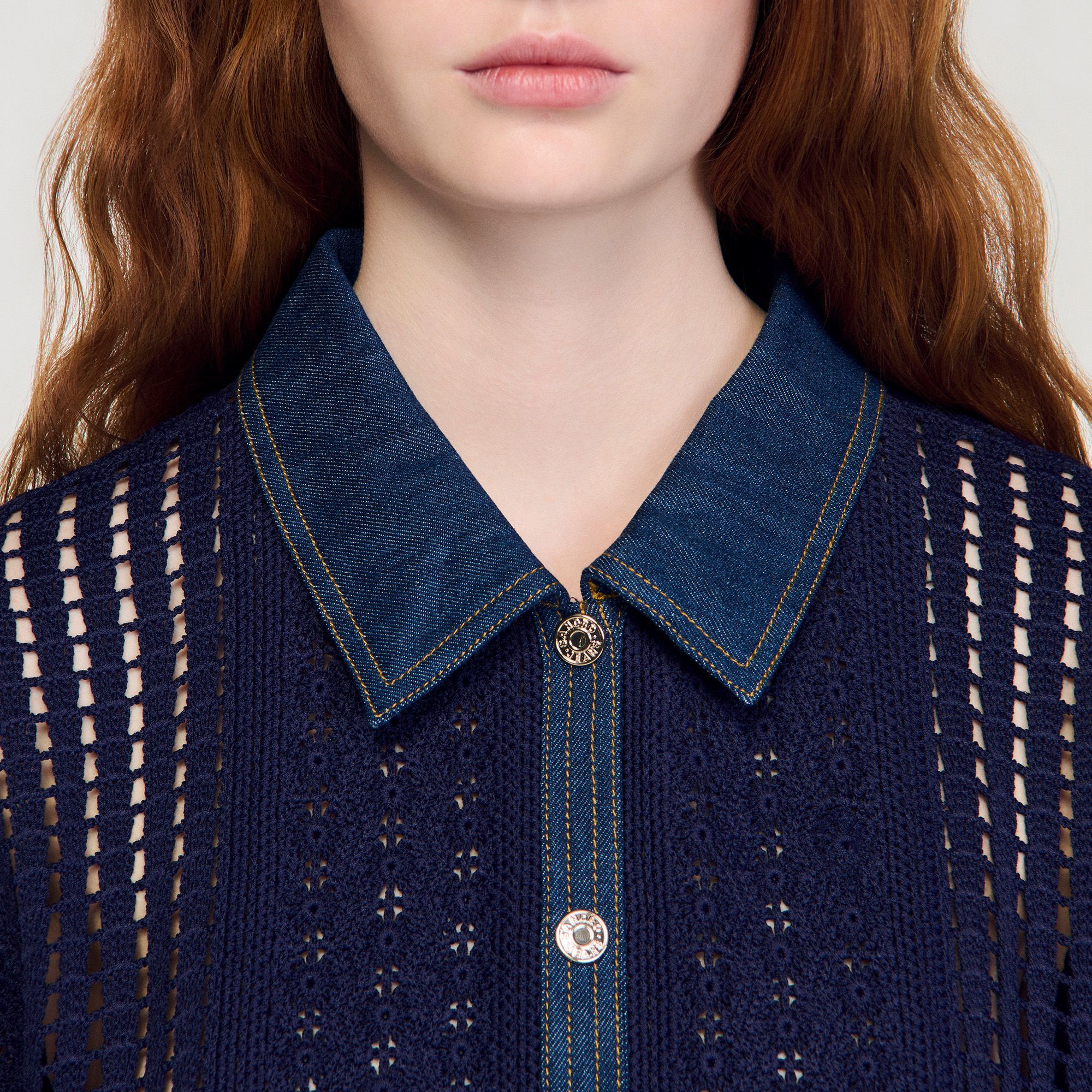 Sandro - Áo khoác cardigan crochet phối denim