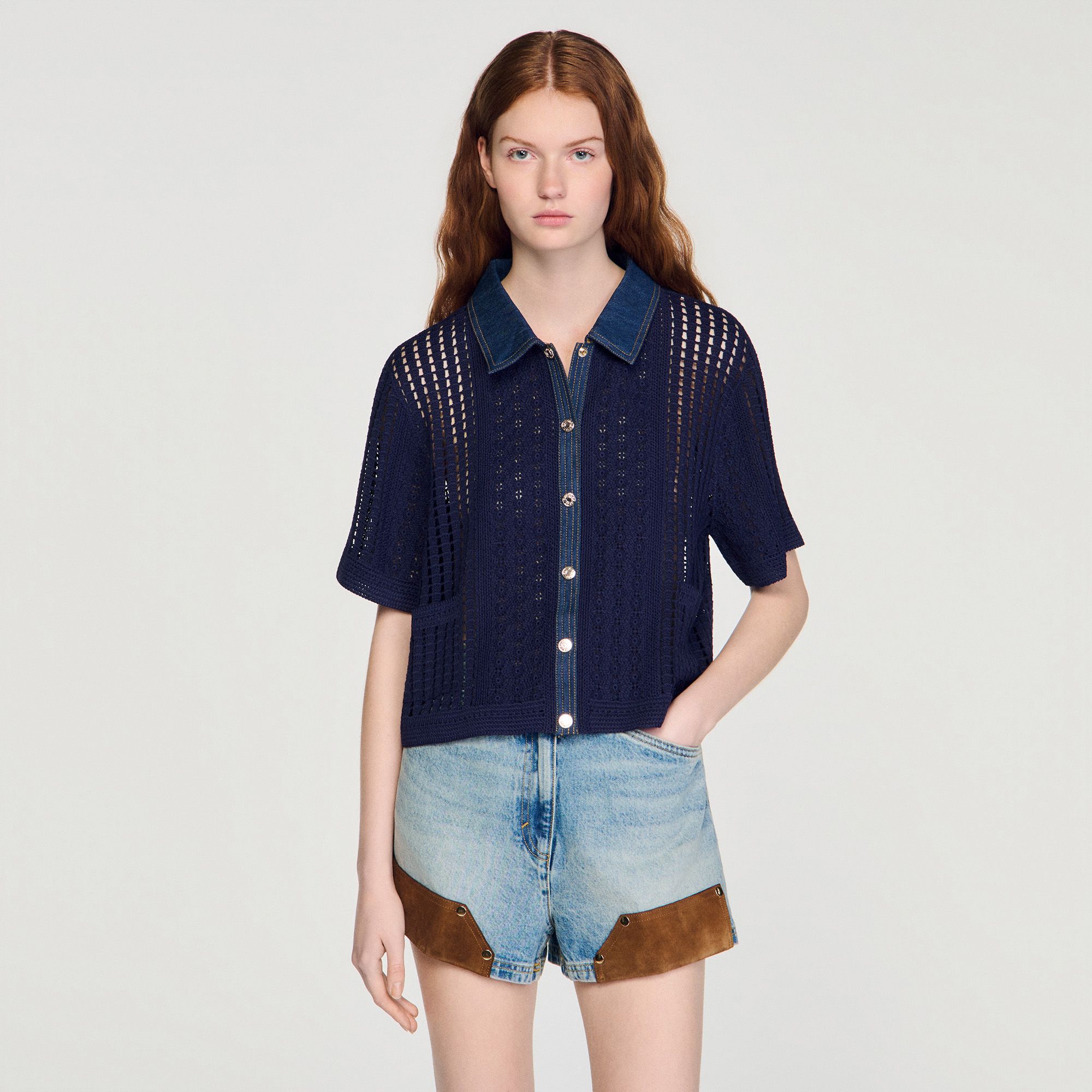 Sandro - Áo khoác cardigan crochet phối denim