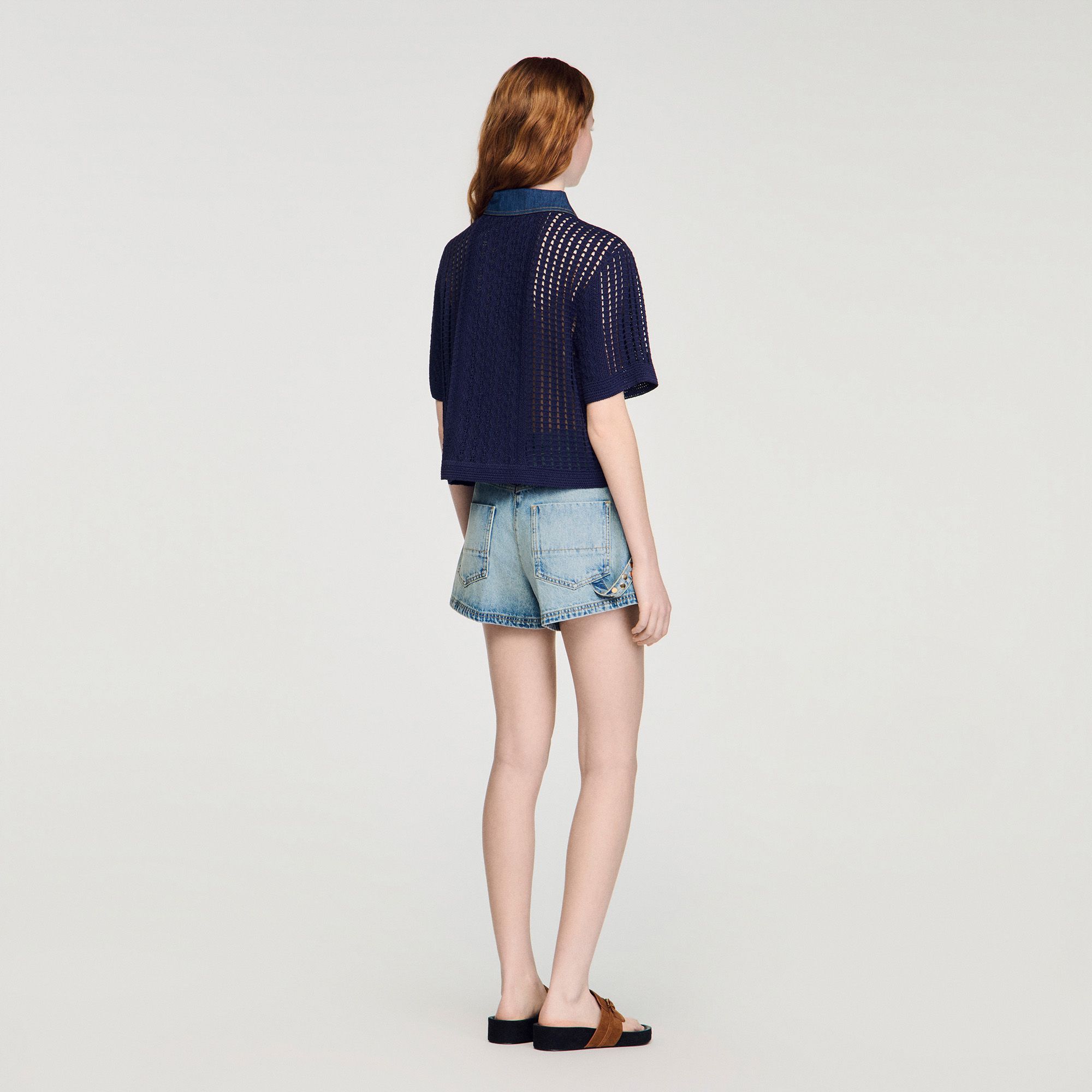 Sandro - Áo khoác cardigan crochet phối denim