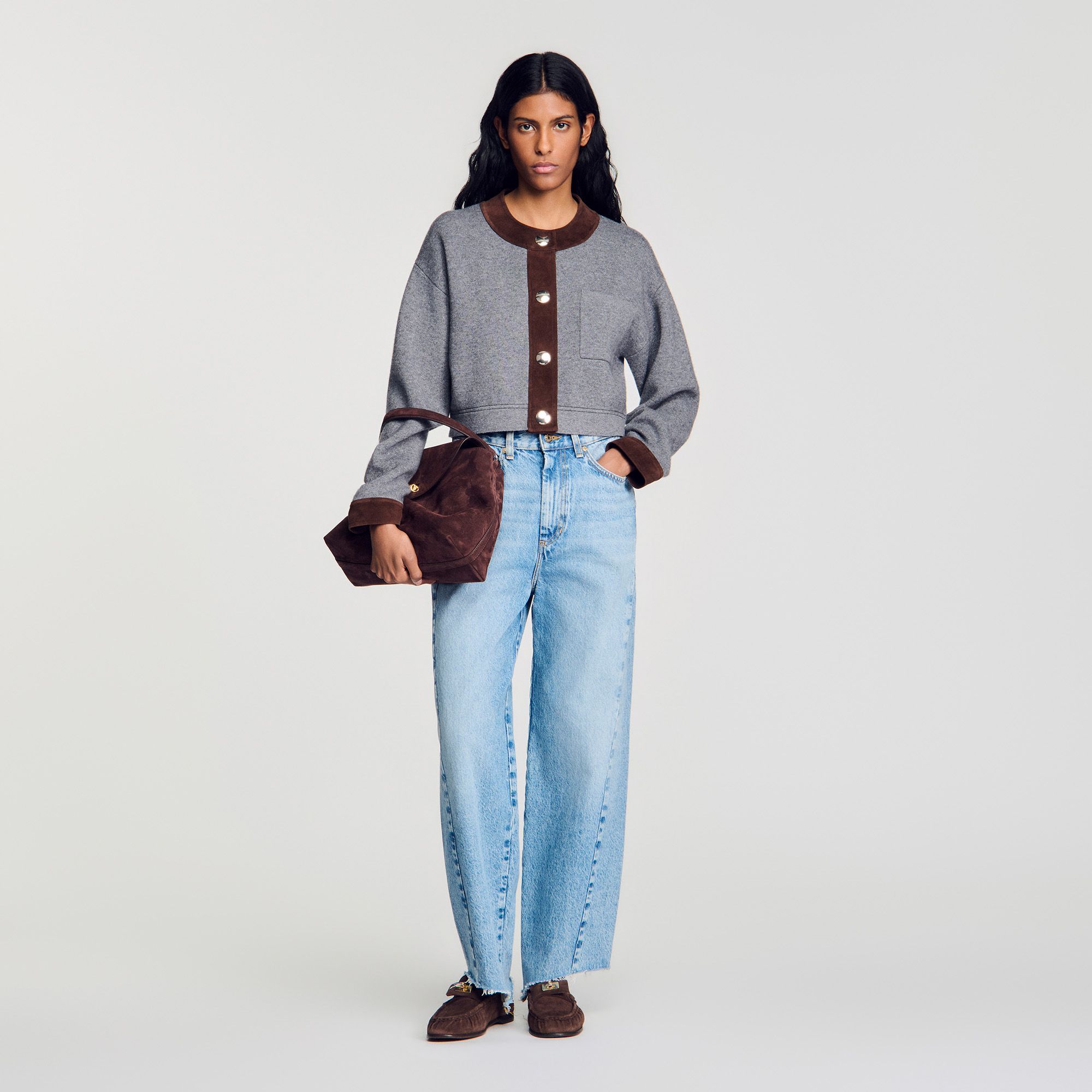Áo cardigan dáng lửng phối da lộn
