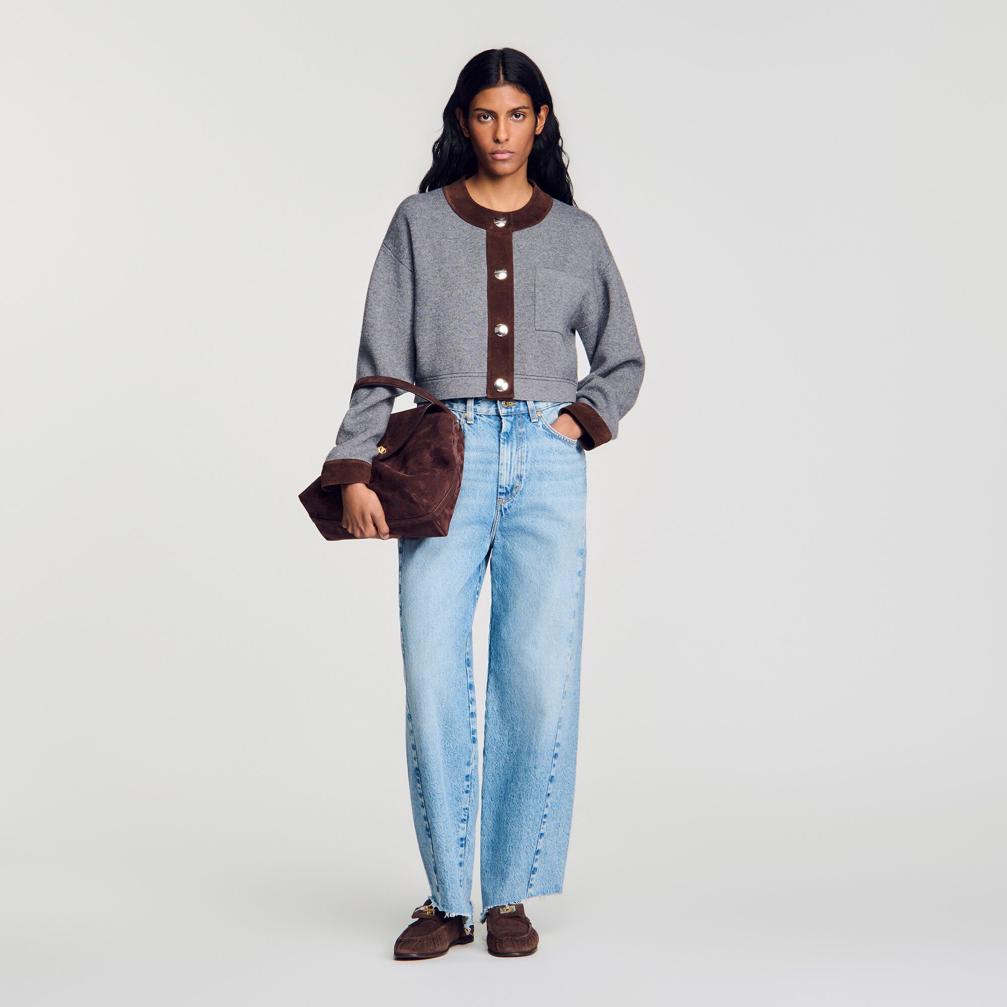 Áo cardigan dáng lửng phối da lộn