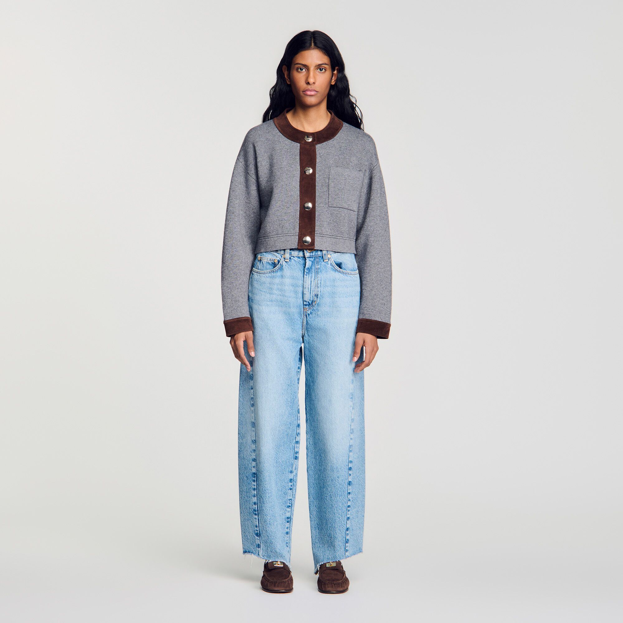 Áo cardigan dáng lửng phối da lộn