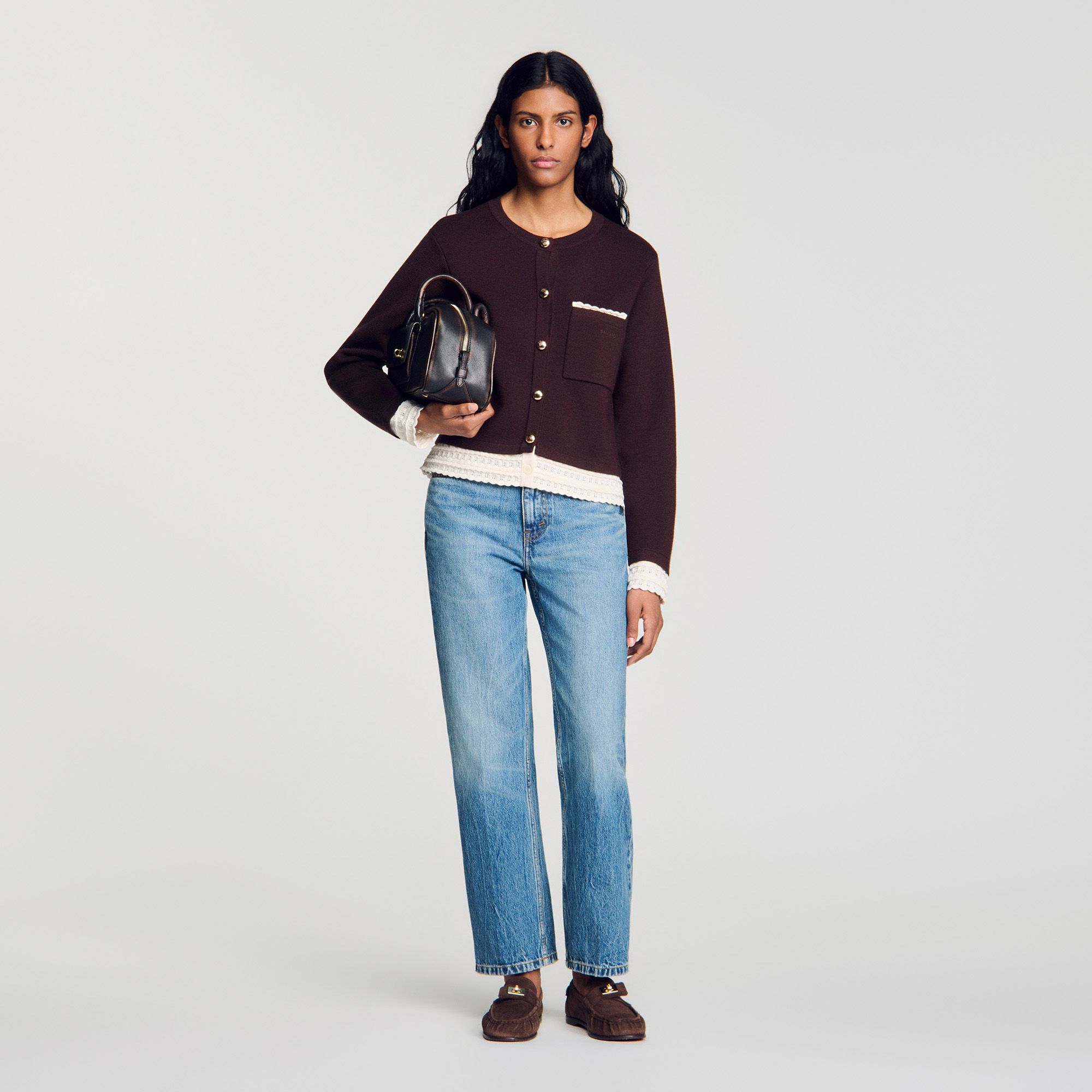 Áo khoác cardigan Candide phối ren màu nâu