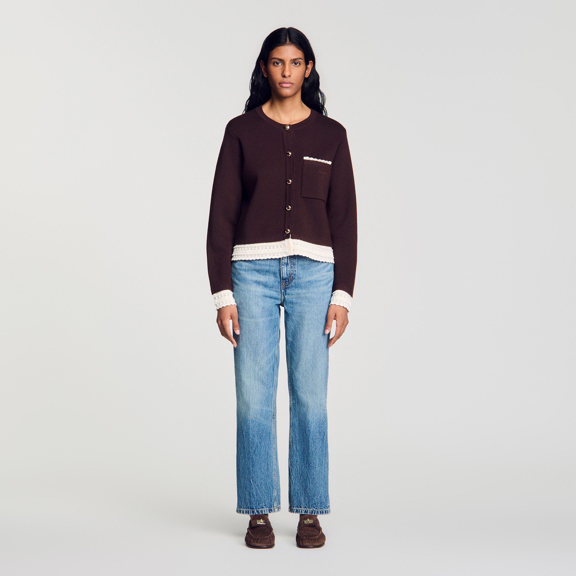 Áo khoác cardigan Candide phối ren màu nâu