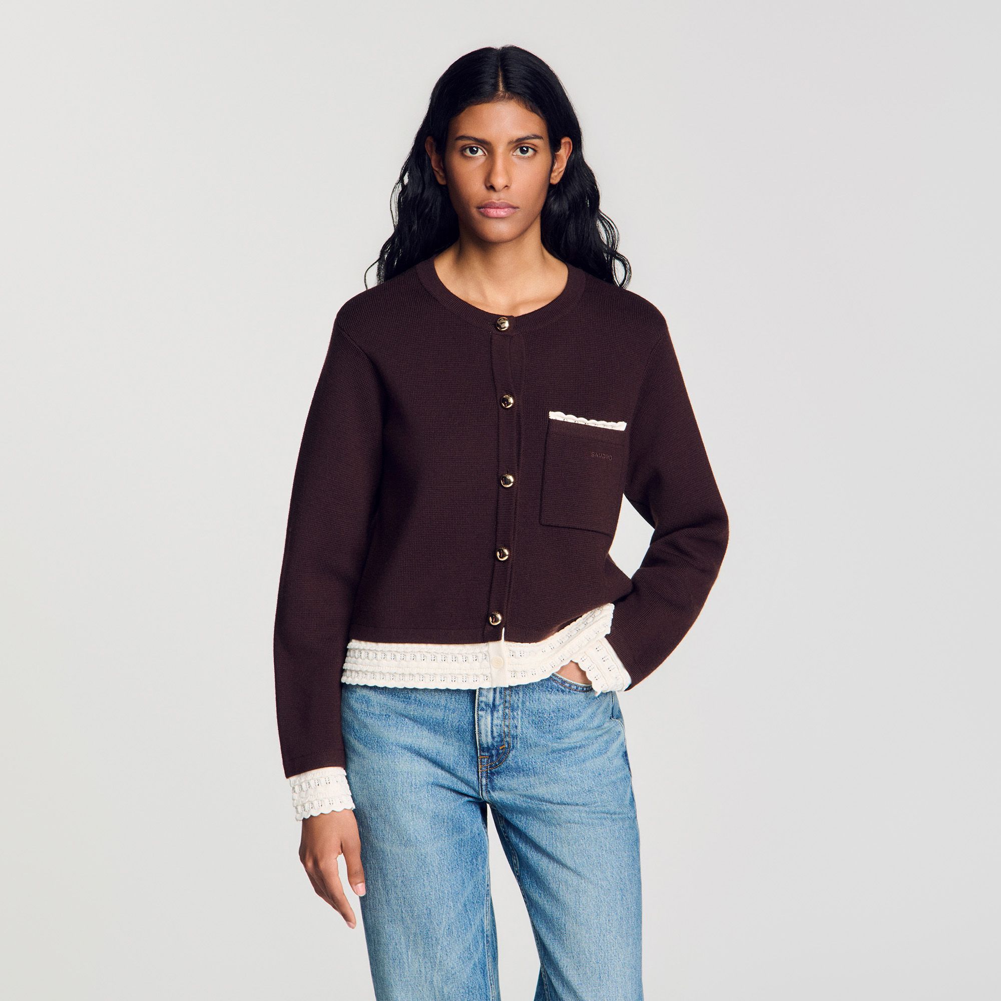 Áo khoác cardigan Candide phối ren màu nâu