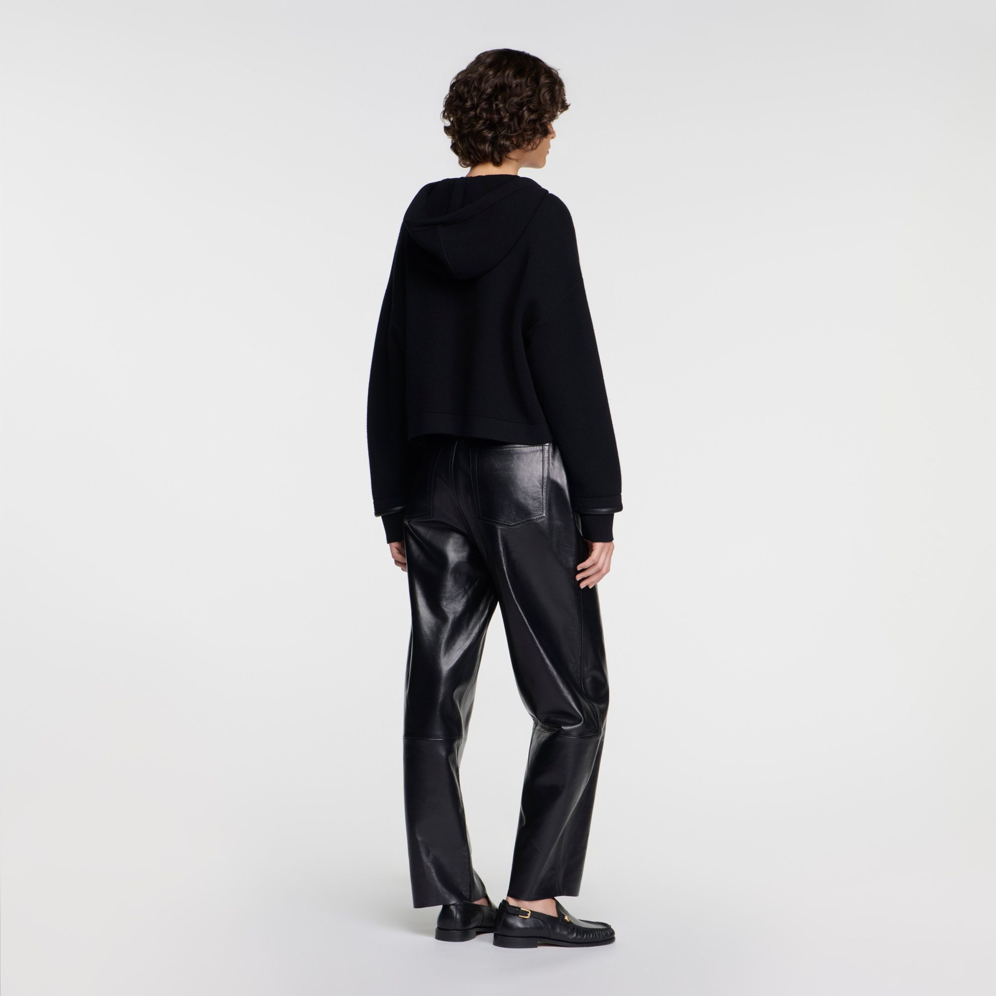 Sandro - Áo khoác cardigan có mũ trùm đầu với viền da