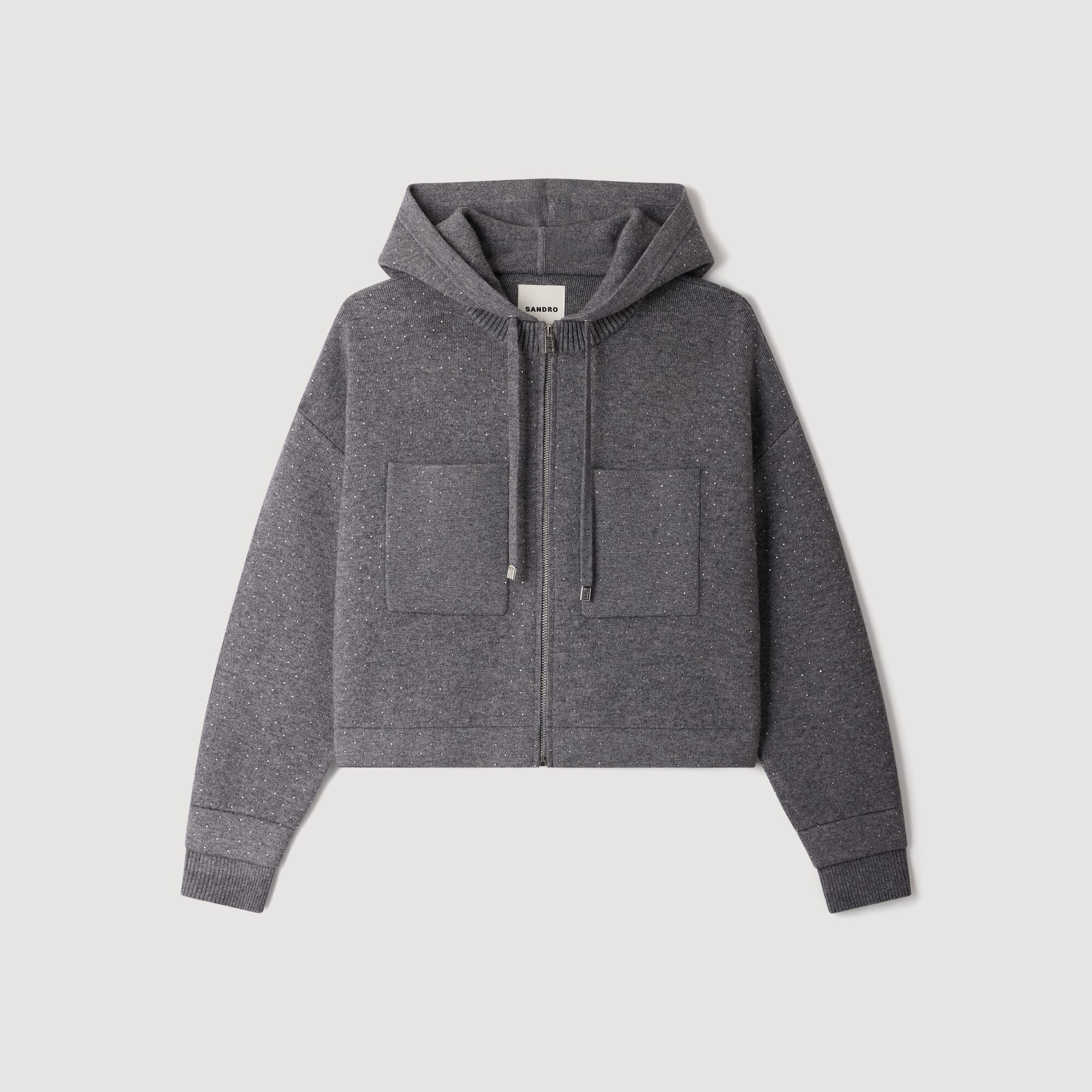 Áo cardigan đính đá dáng lửng có mũ