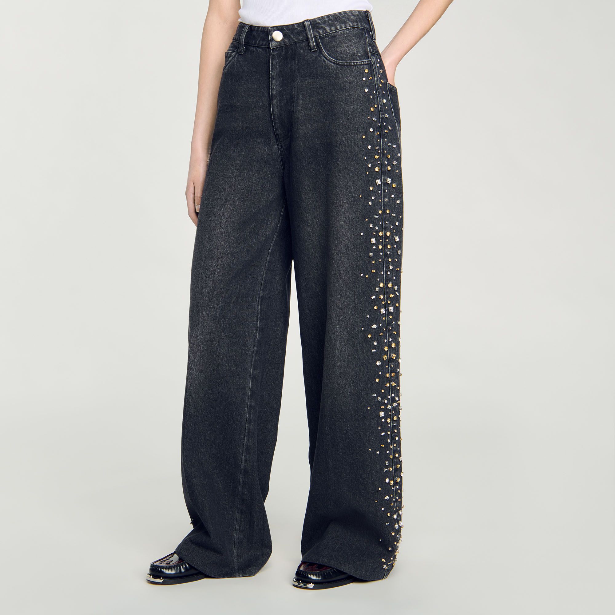 Sandro - Quần jeans ống rộng đính đá