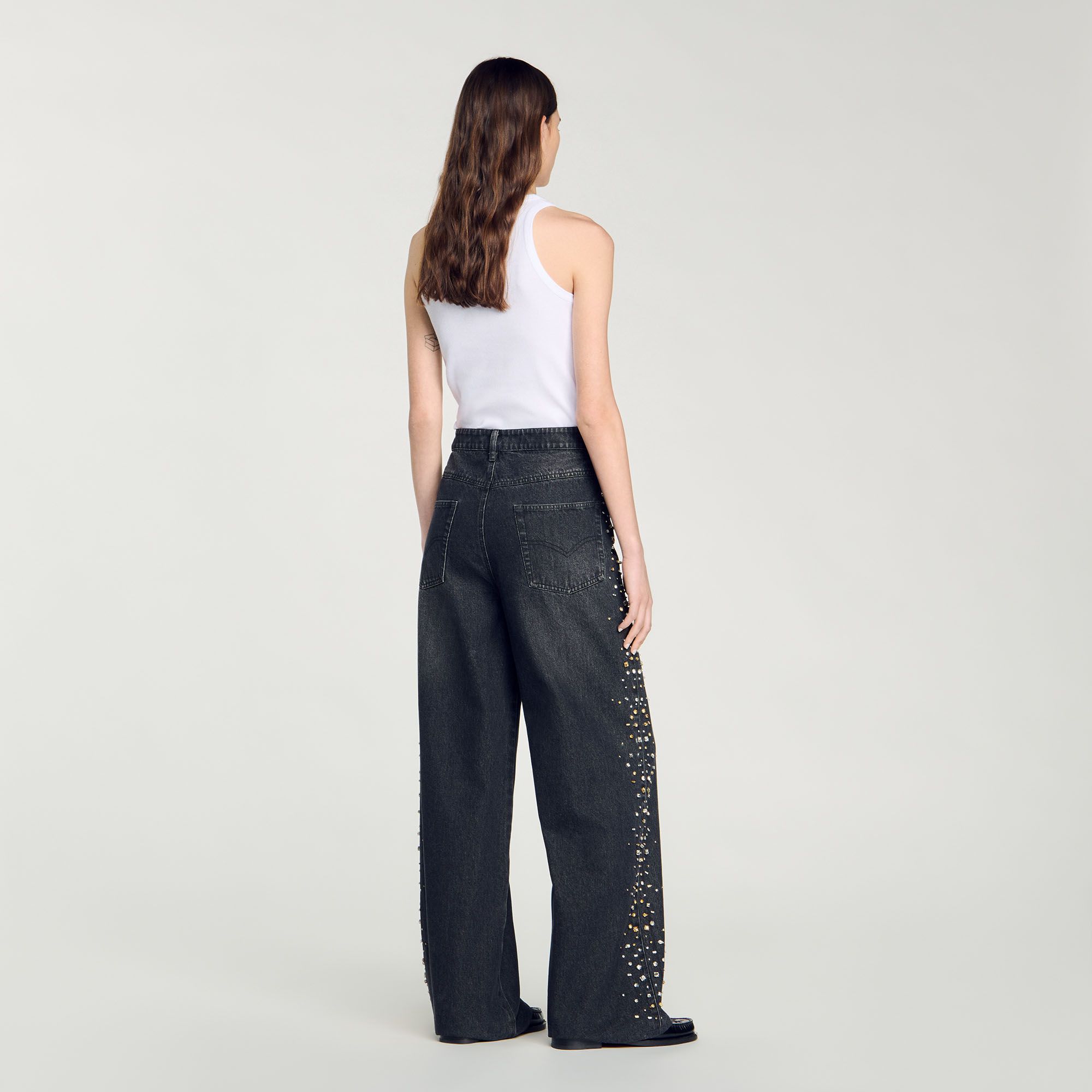 Sandro - Quần jeans ống rộng đính đá