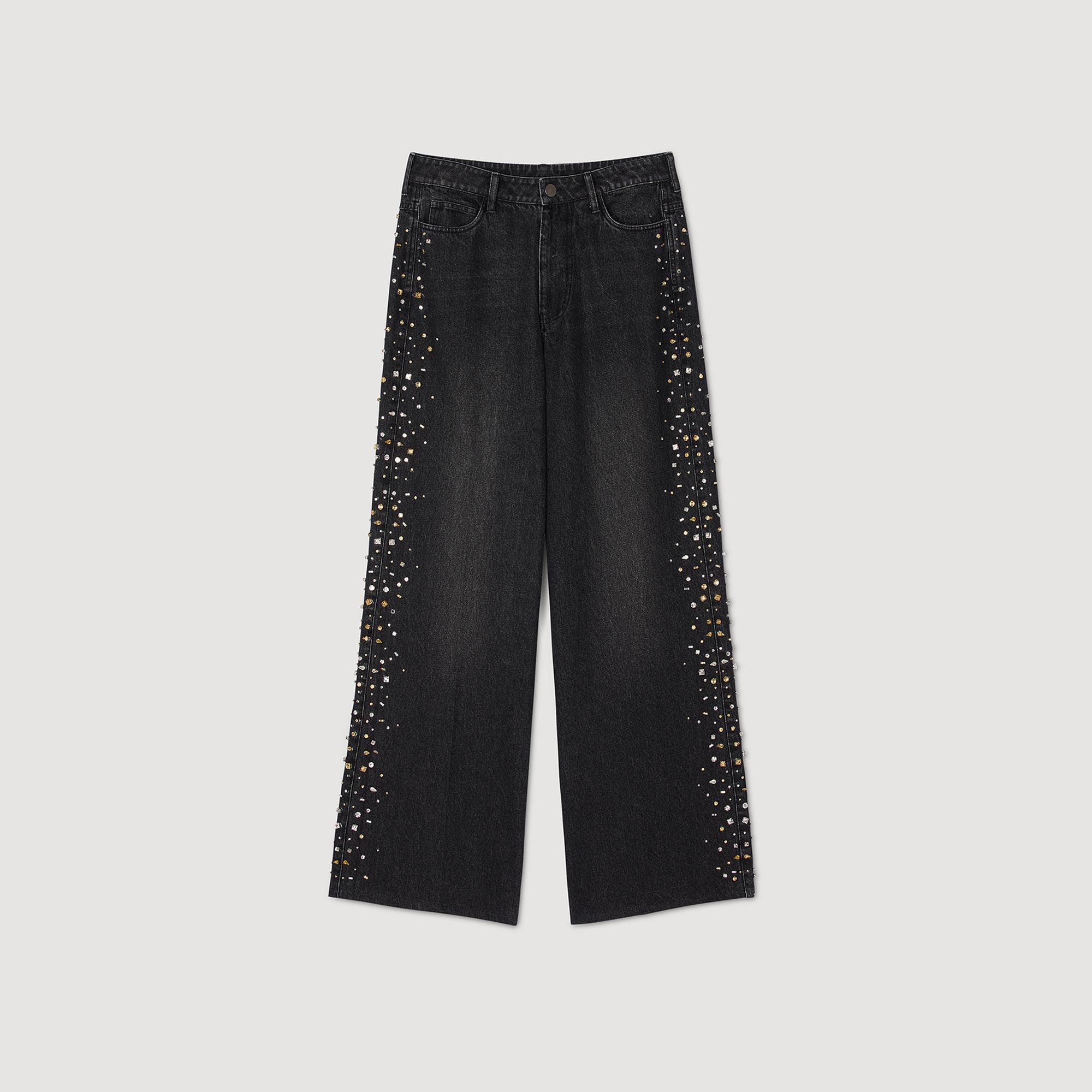Sandro - Quần jeans ống rộng đính đá