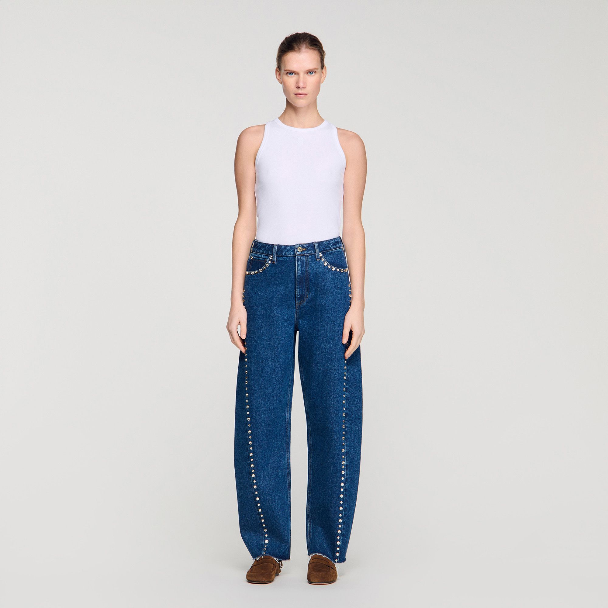 Sandro - Quần jeans ống rộng đính đá